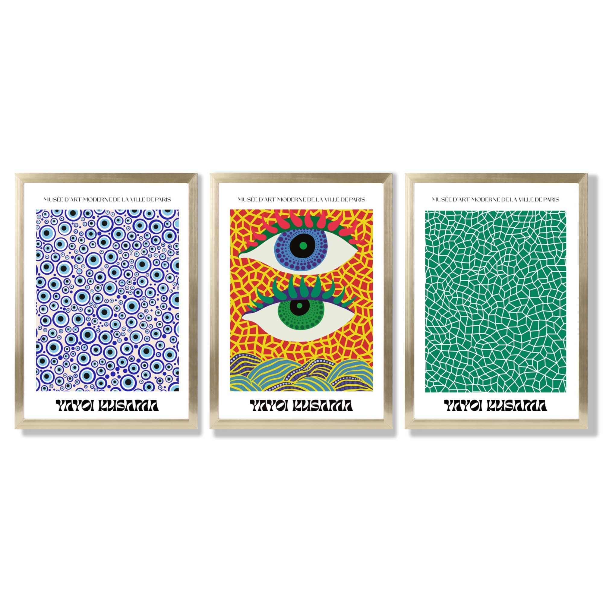 Yayoi Kusama Ocean Eyes in Blue and Green Framed Art Prints with Gold Wood Frames