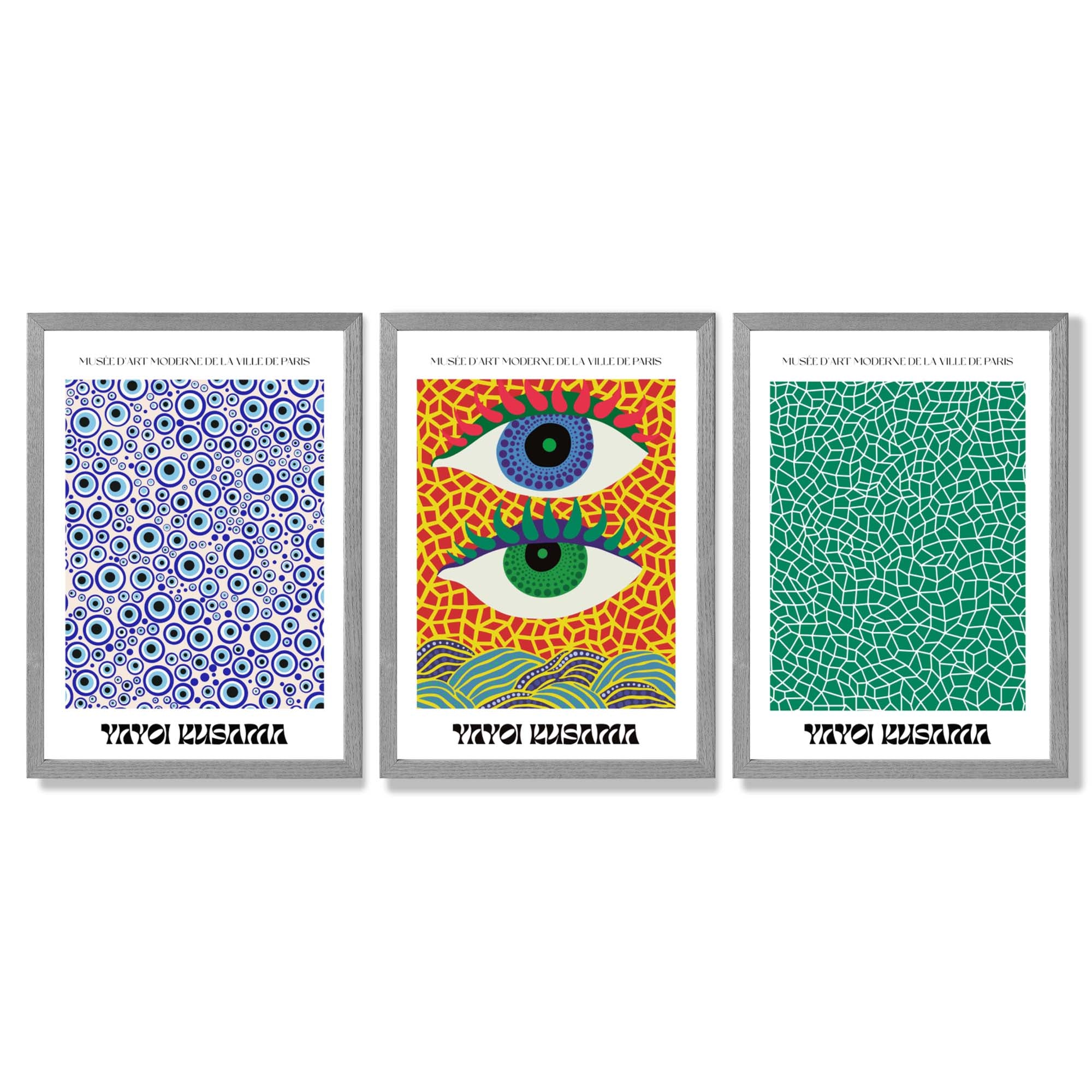 Yayoi Kusama Ocean Eyes in Blue and Green Framed Art Prints with Light Grey Wooden Frames
