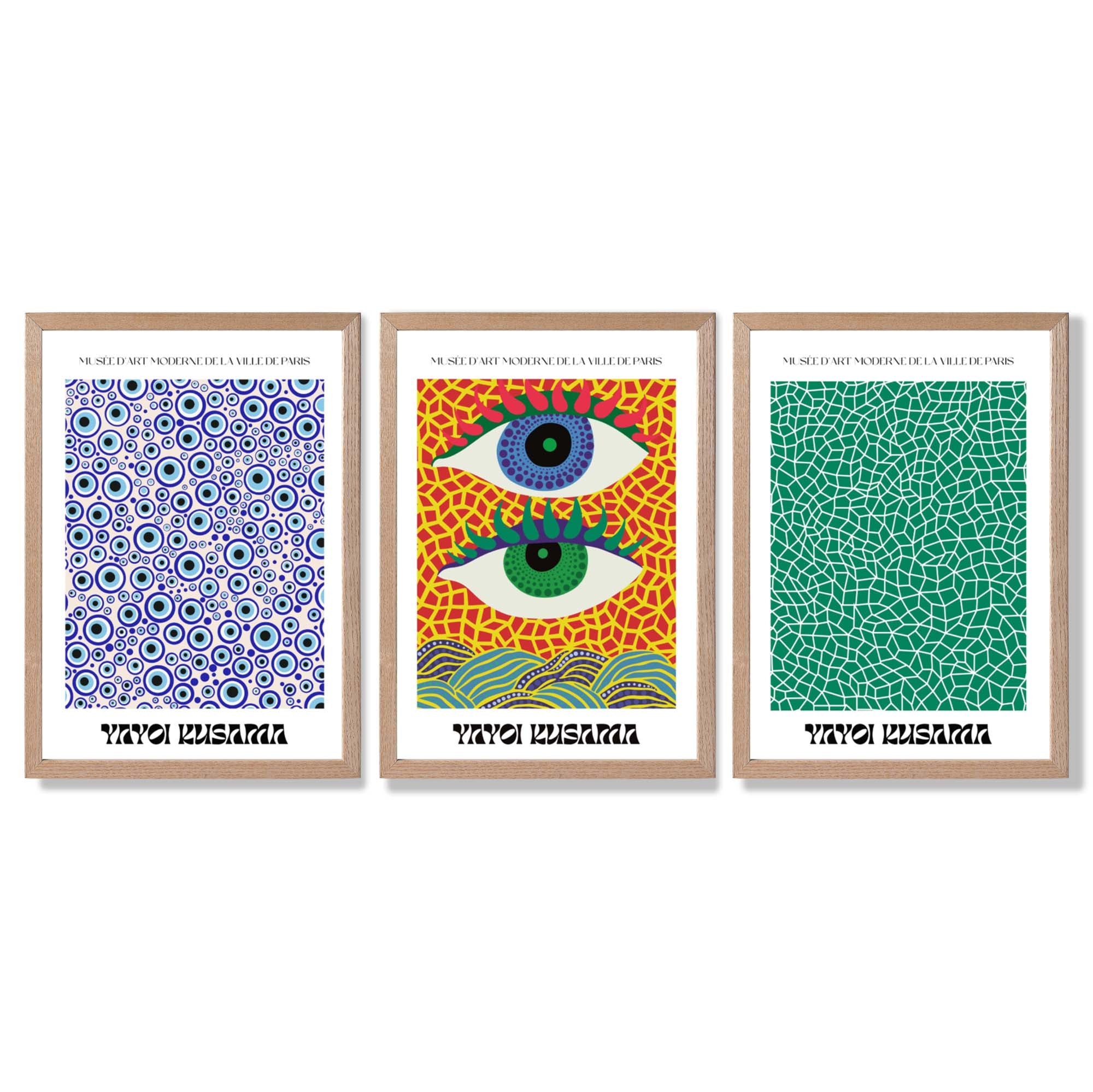 Yayoi Kusama Ocean Eyes in Blue and Green Framed Art Prints with Light Oak Frames