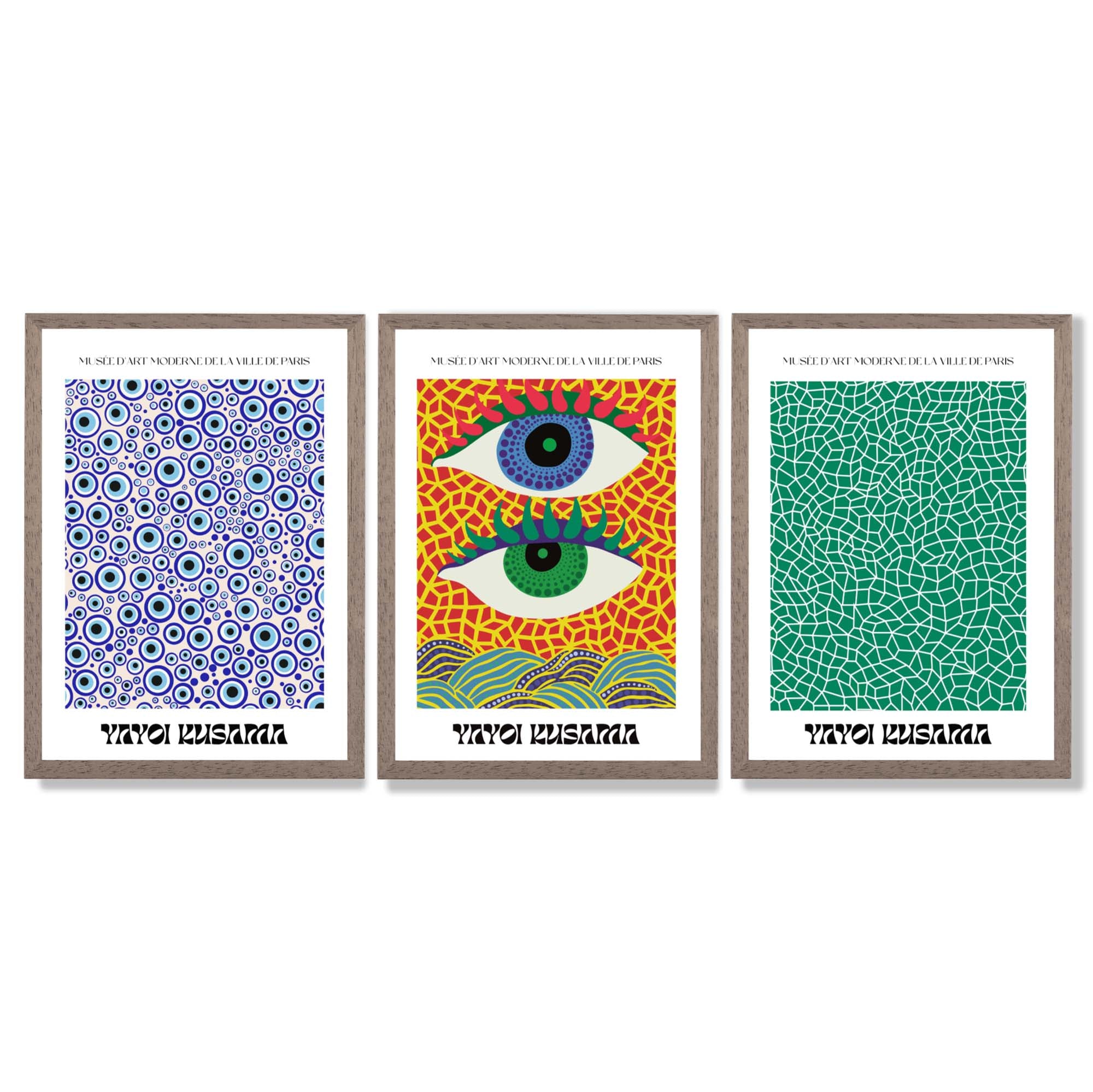 Yayoi Kusama Ocean Eyes in Blue and Green Framed Art Prints with Light Walnut Frames