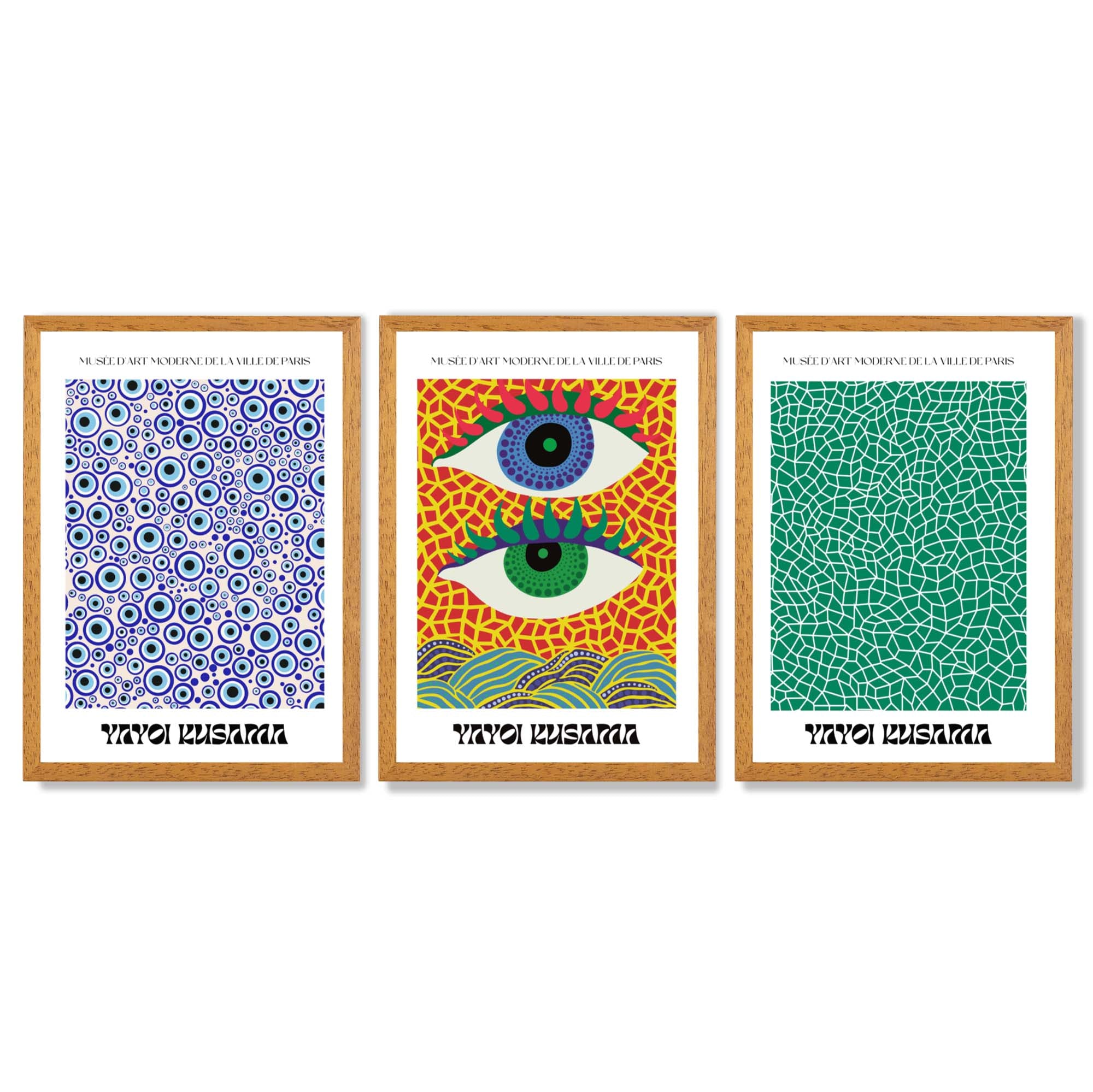 Yayoi Kusama Ocean Eyes in Blue and Green Framed Art Prints with Oak Wooden Frames