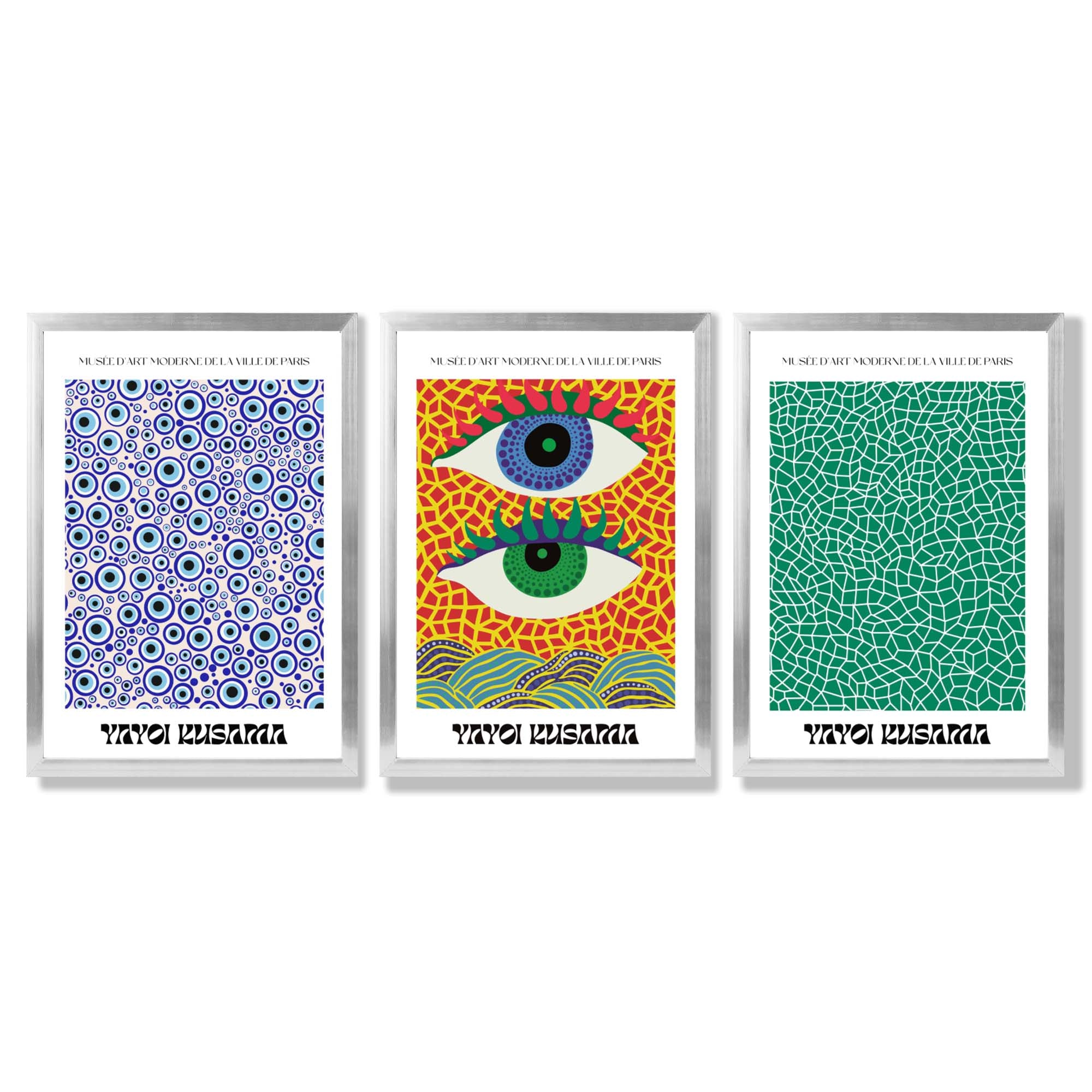 Yayoi Kusama Ocean Eyes in Blue and Green Framed Art Prints with Silver Wood Frames