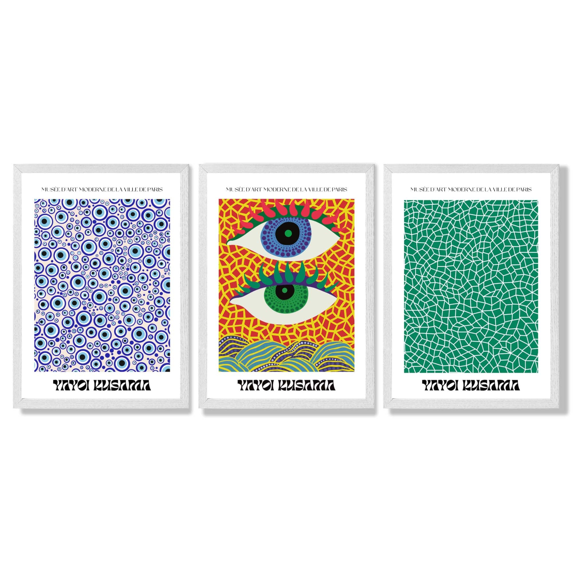Yayoi Kusama Ocean Eyes in Blue and Green Framed Art Prints with White Wooden Frames