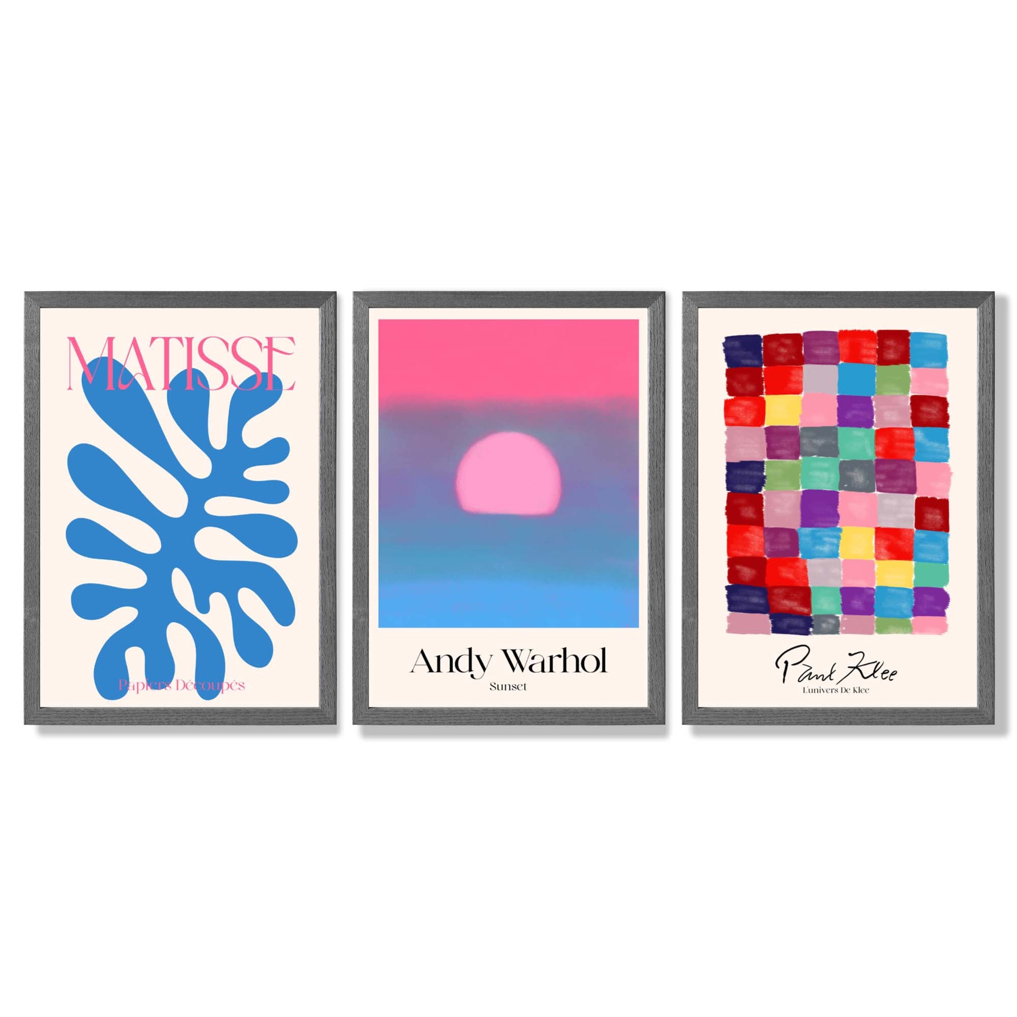 Matisse Warhol Klee in Pink and Blue Gallery  Framed Art Prints with Dark Grey Wooden Frames