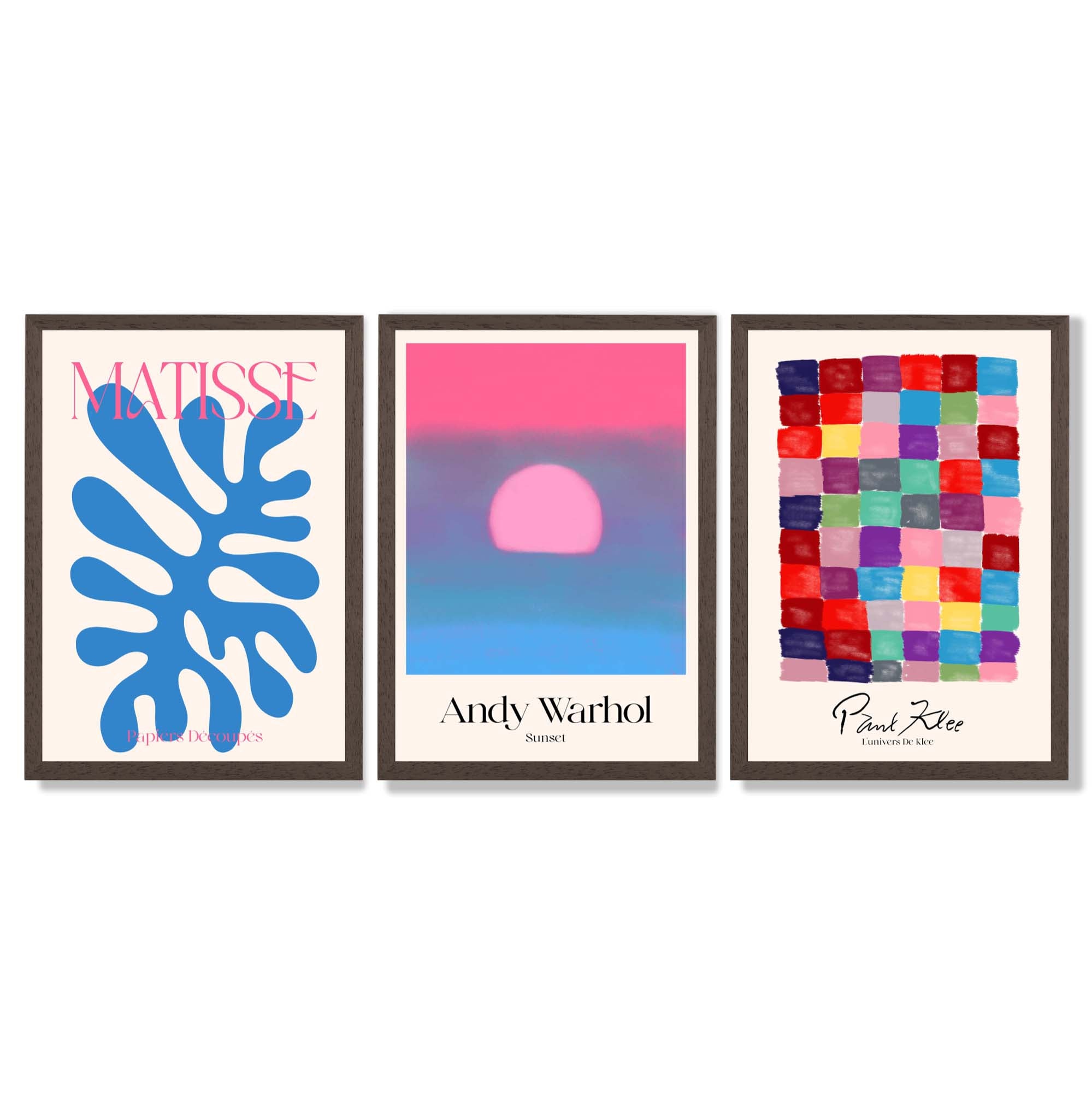 Matisse Warhol Klee in Pink and Blue Gallery  Framed Art Prints with Dark Wood Frames