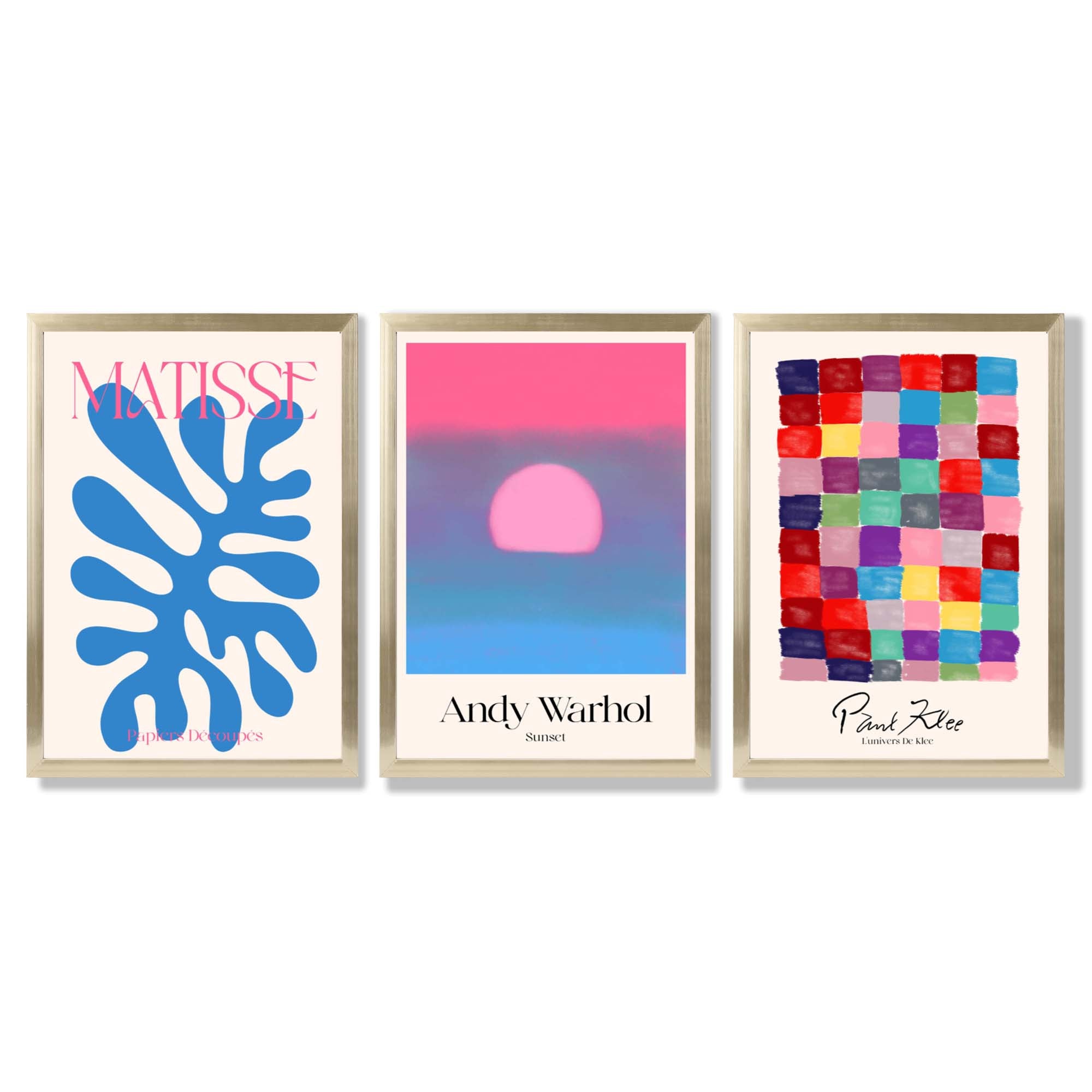 Matisse Warhol Klee in Pink and Blue Gallery  Framed Art Prints with Gold Wood Frames