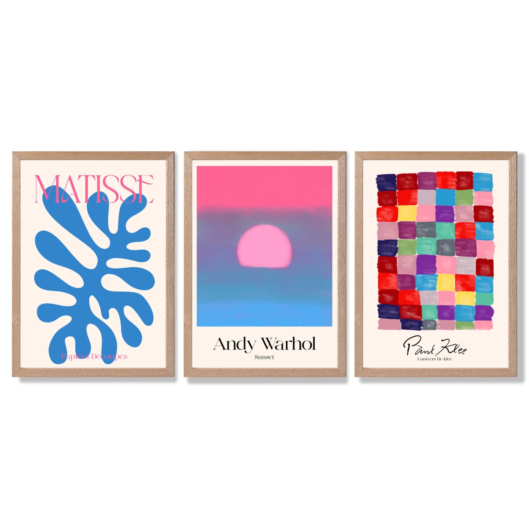 Matisse Warhol Klee in Pink and Blue Gallery  Framed Art Prints with Light Oak Frames