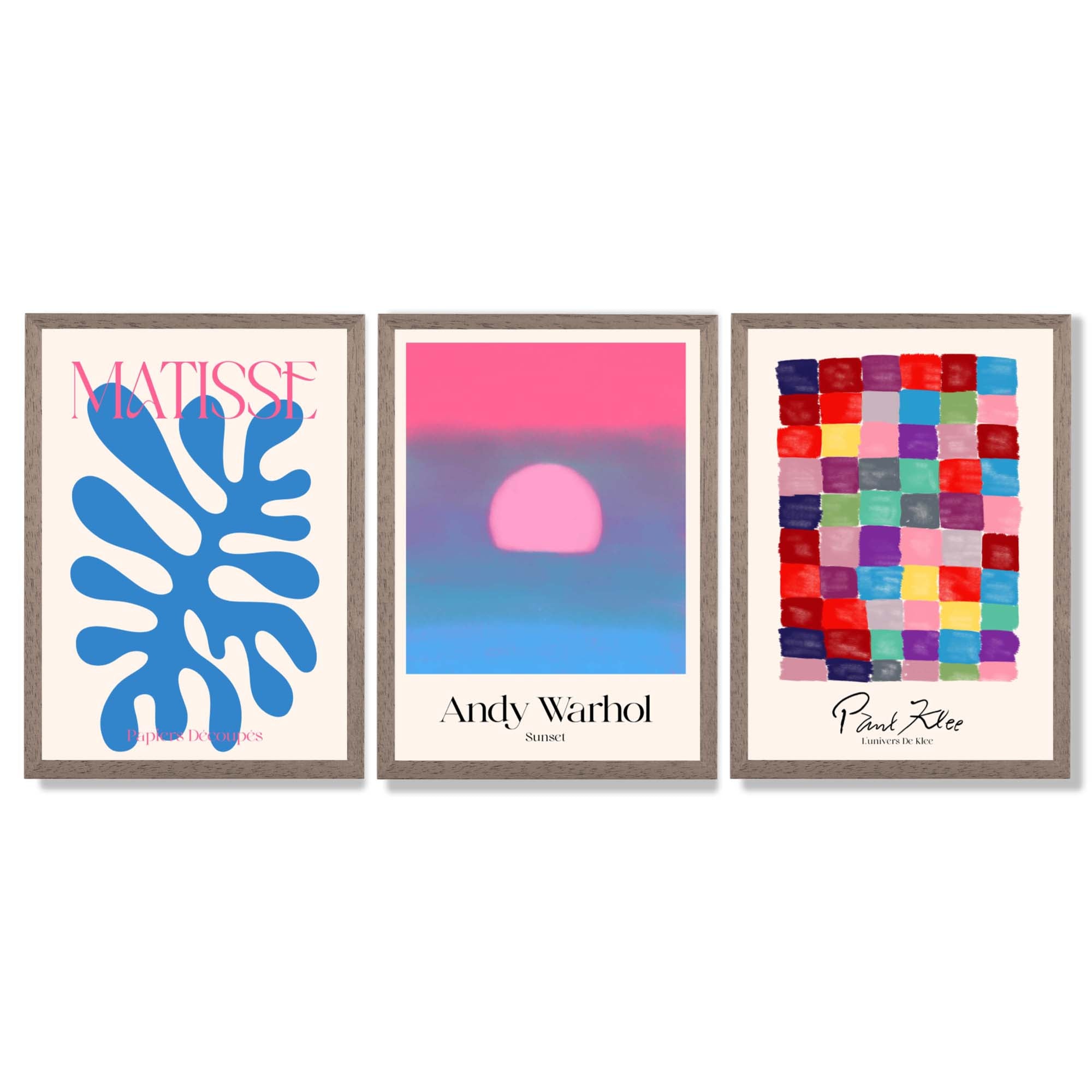 Matisse Warhol Klee in Pink and Blue Gallery  Framed Art Prints with Light Walnut Frames