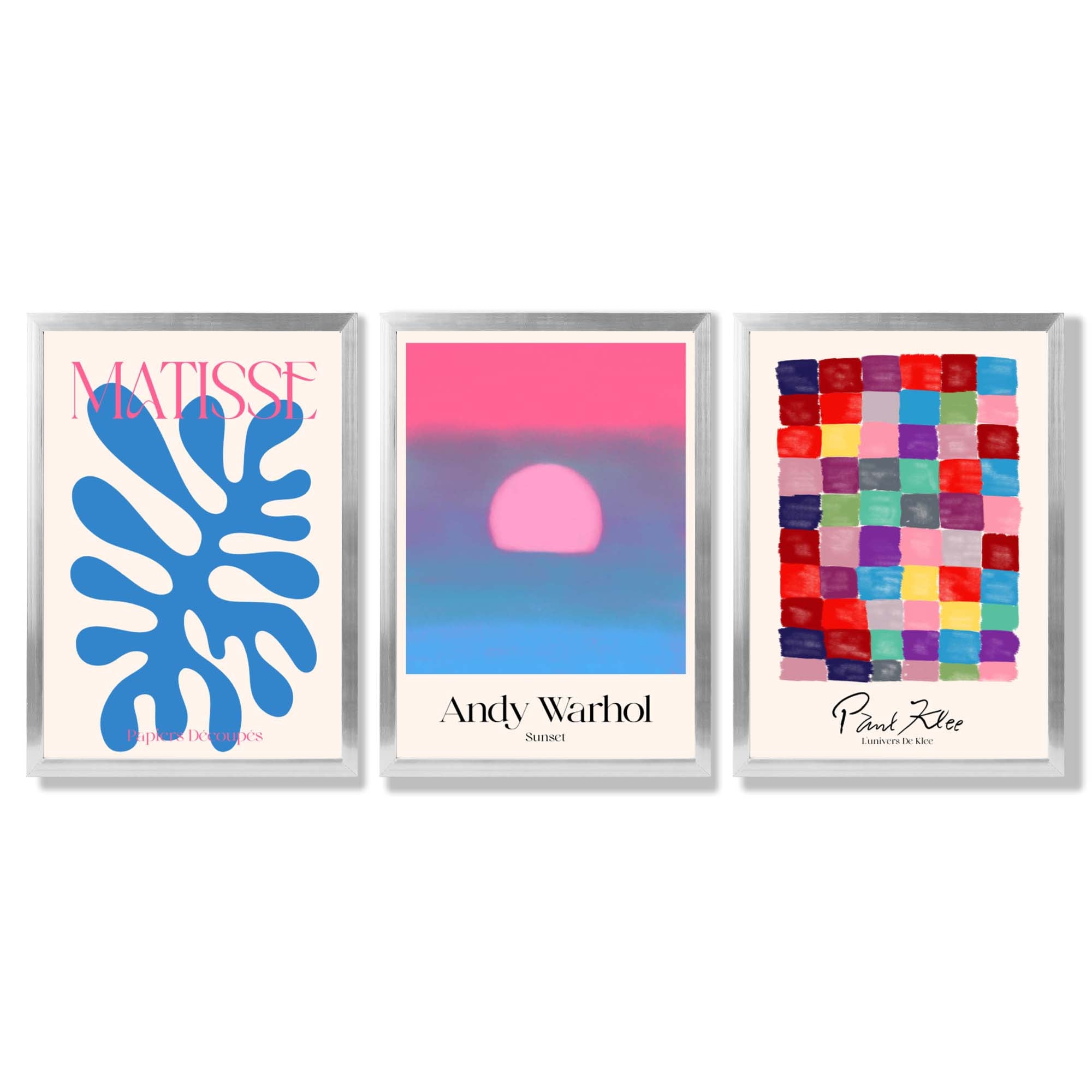 Matisse Warhol Klee in Pink and Blue Gallery  Framed Art Prints with Silver Wood Frames