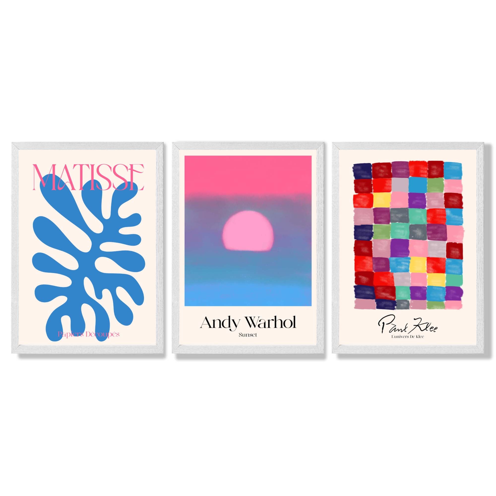 Matisse Warhol Klee in Pink and Blue Gallery  Framed Art Prints with White Wooden Frames