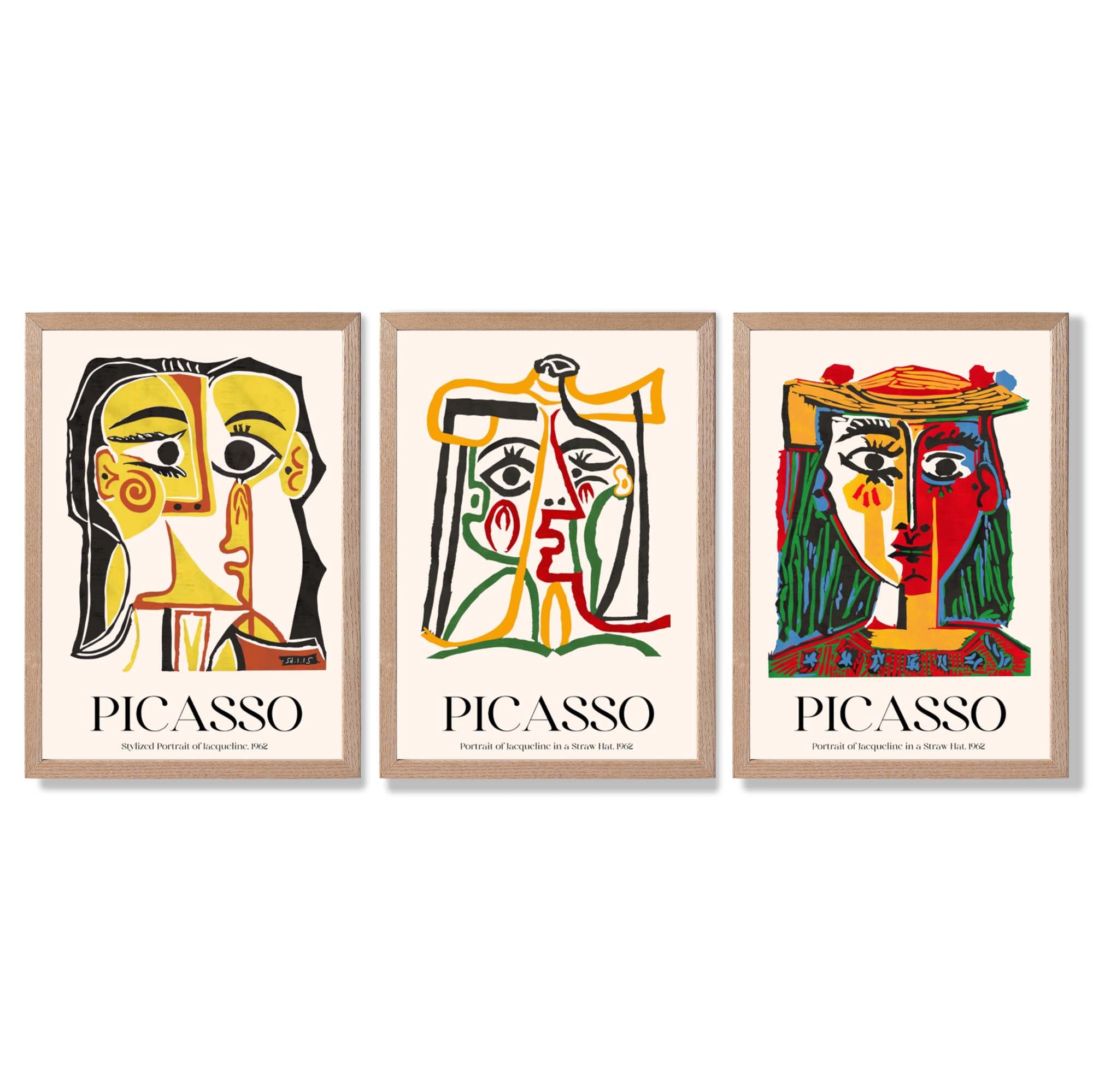 Picasso Abstract Faces Set of 3 Framed Art Prints with Light Oak Frames