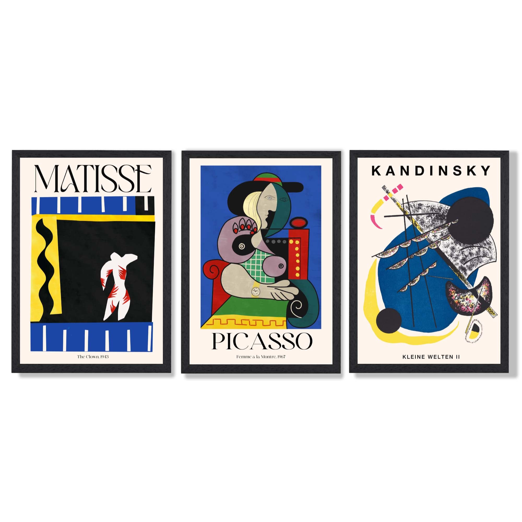 Matisse Picasso Kandinsky Modern Masters Set of 3 Framed Art Prints with Black Wooden Frames