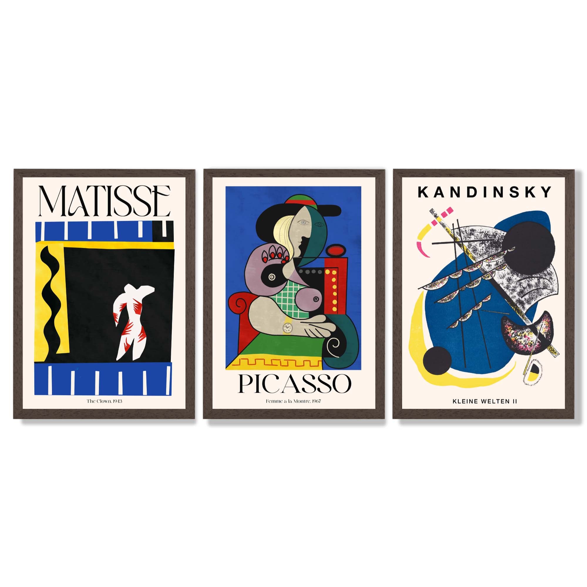 Matisse Picasso Kandinsky Modern Masters Set of 3 Framed Art Prints with Dark Wood Frames