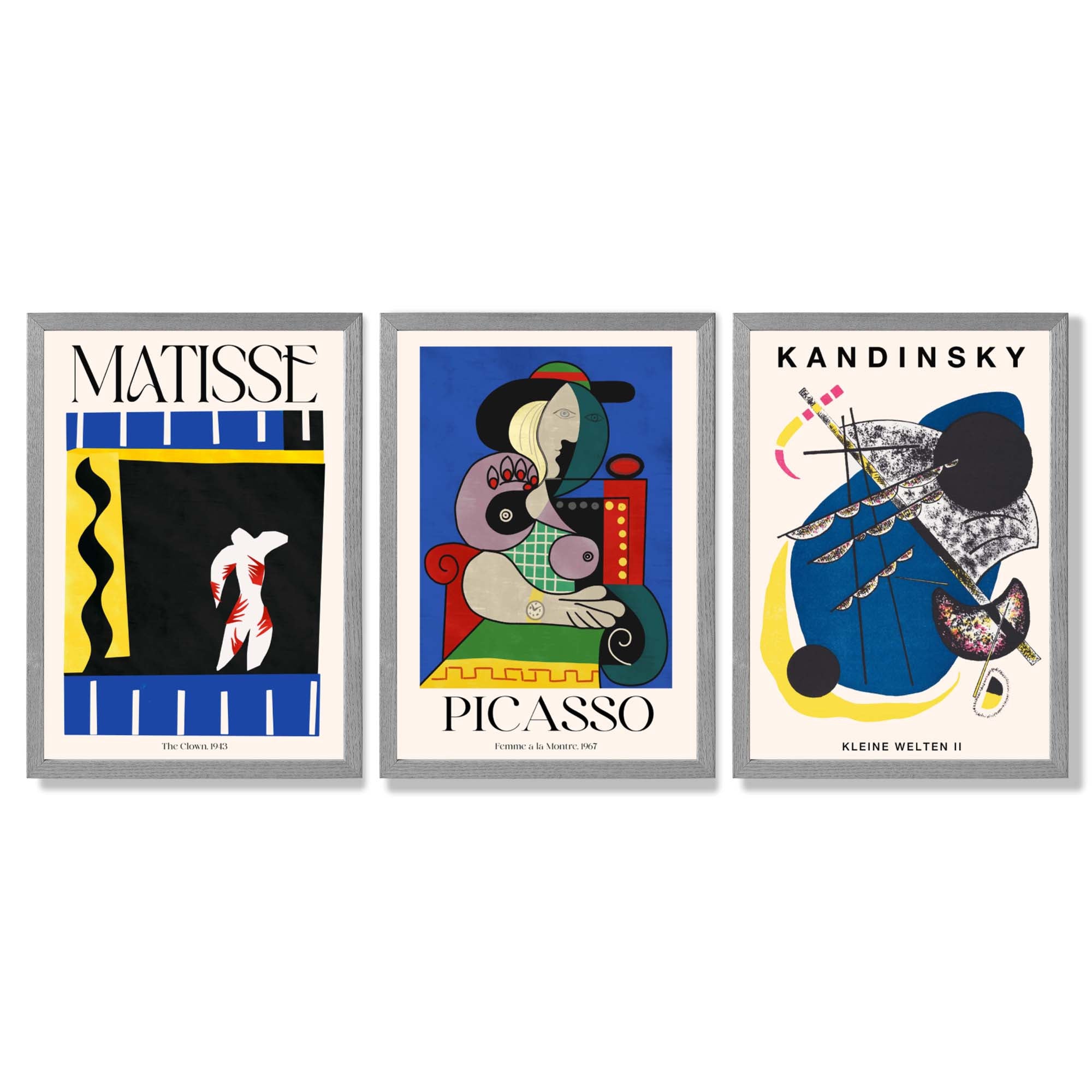 Matisse Picasso Kandinsky Modern Masters Set of 3 Framed Art Prints with Light Grey Wooden Frames