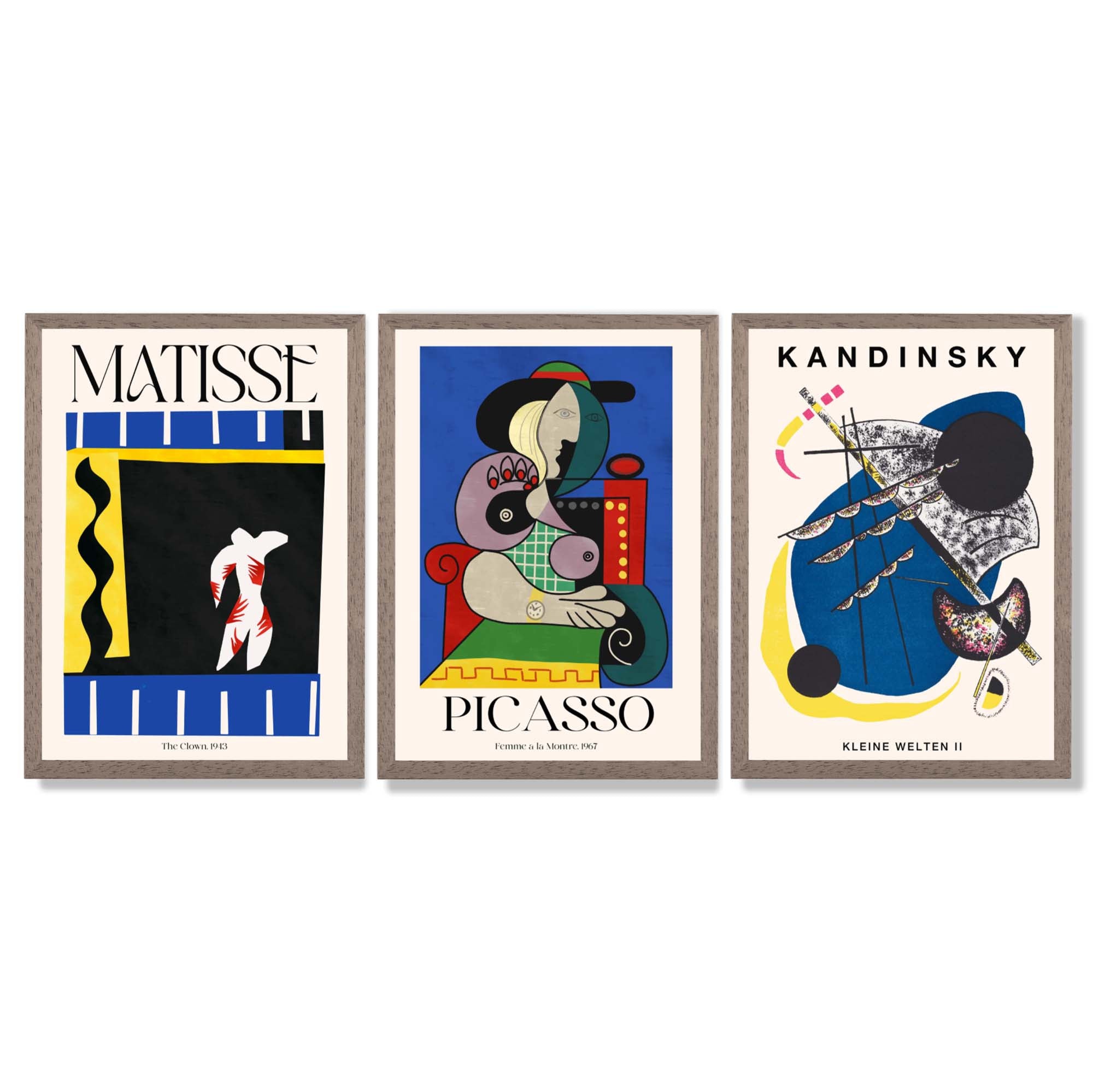 Matisse Picasso Kandinsky Modern Masters Set of 3 Framed Art Prints with Light Walnut Frames