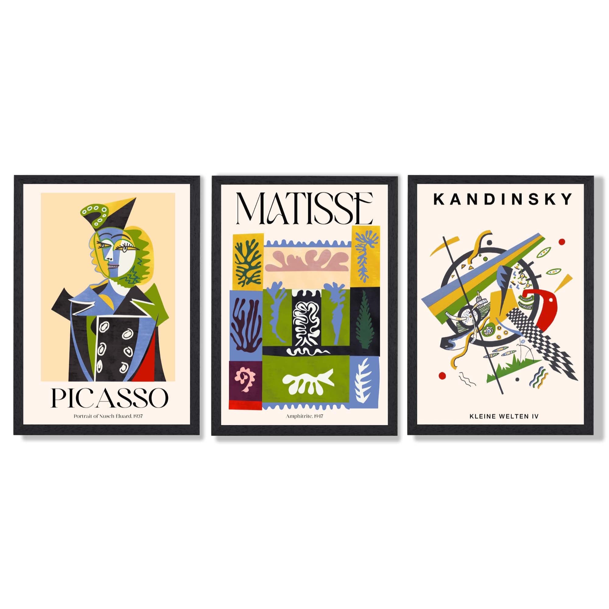 Picasso Matisse Kandinsky Modern Masters Set of 3 Framed Art Prints with Black Wooden Frames