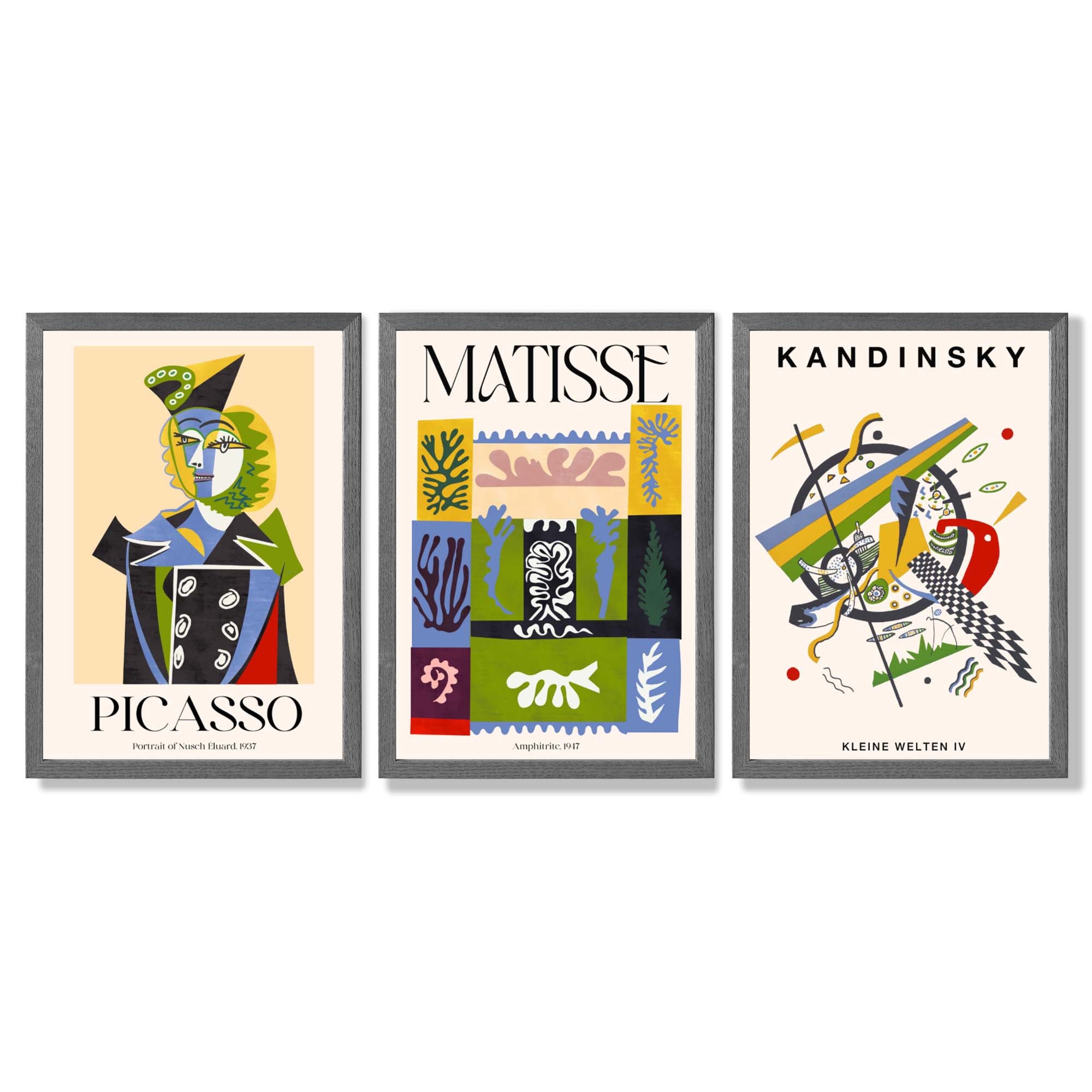 Picasso Matisse Kandinsky Modern Masters Set of 3 Framed Art Prints with Dark Grey Wooden Frames