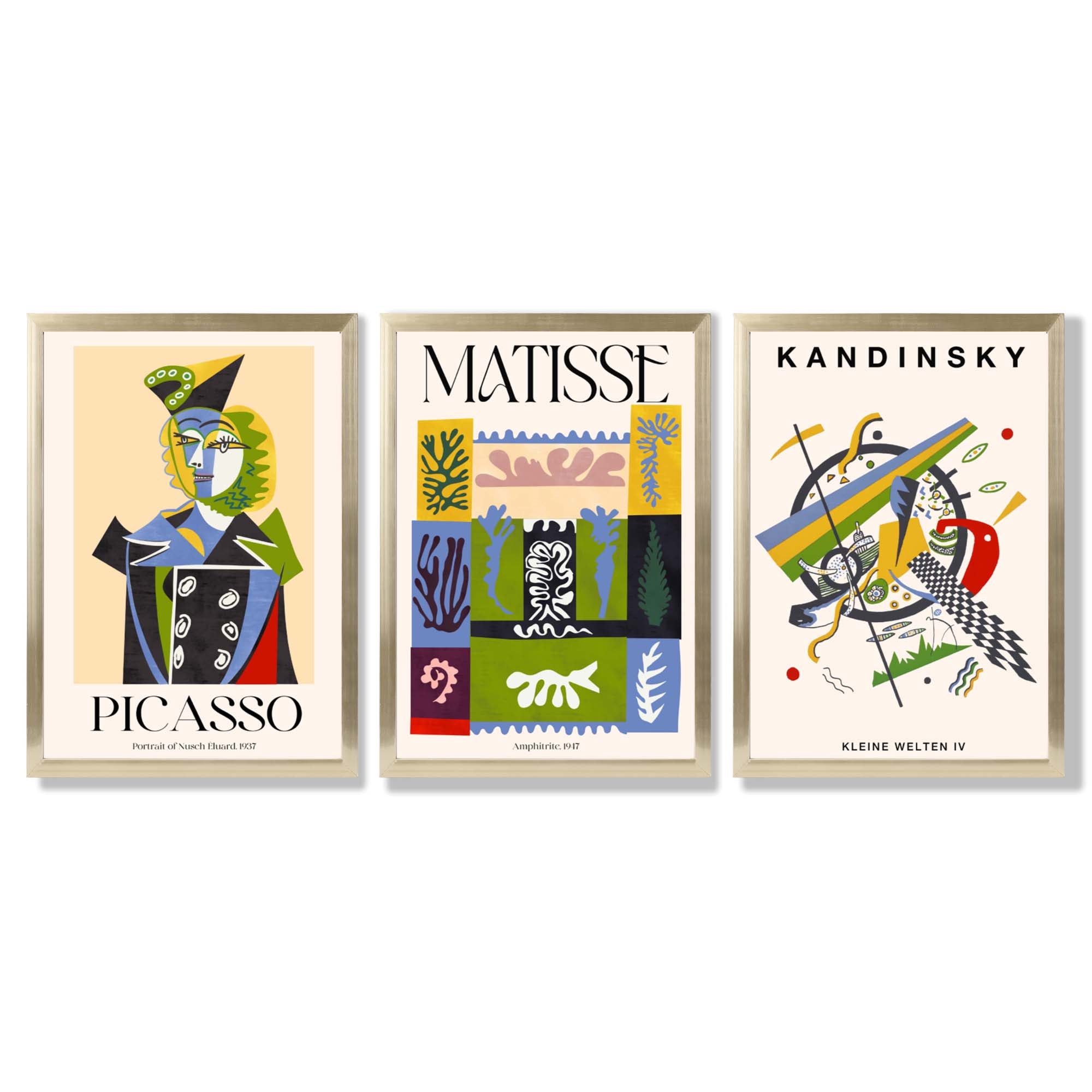 Picasso Matisse Kandinsky Modern Masters Set of 3 Framed Art Prints with Gold Wood Frames