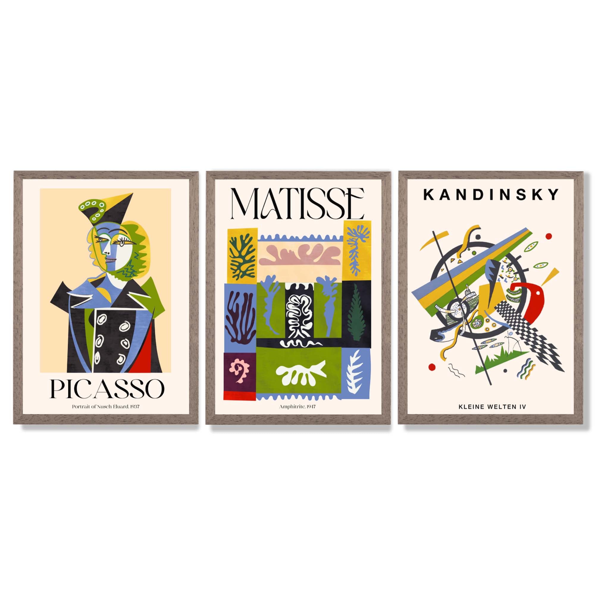 Picasso Matisse Kandinsky Modern Masters Set of 3 Framed Art Prints with Light Walnut Frames