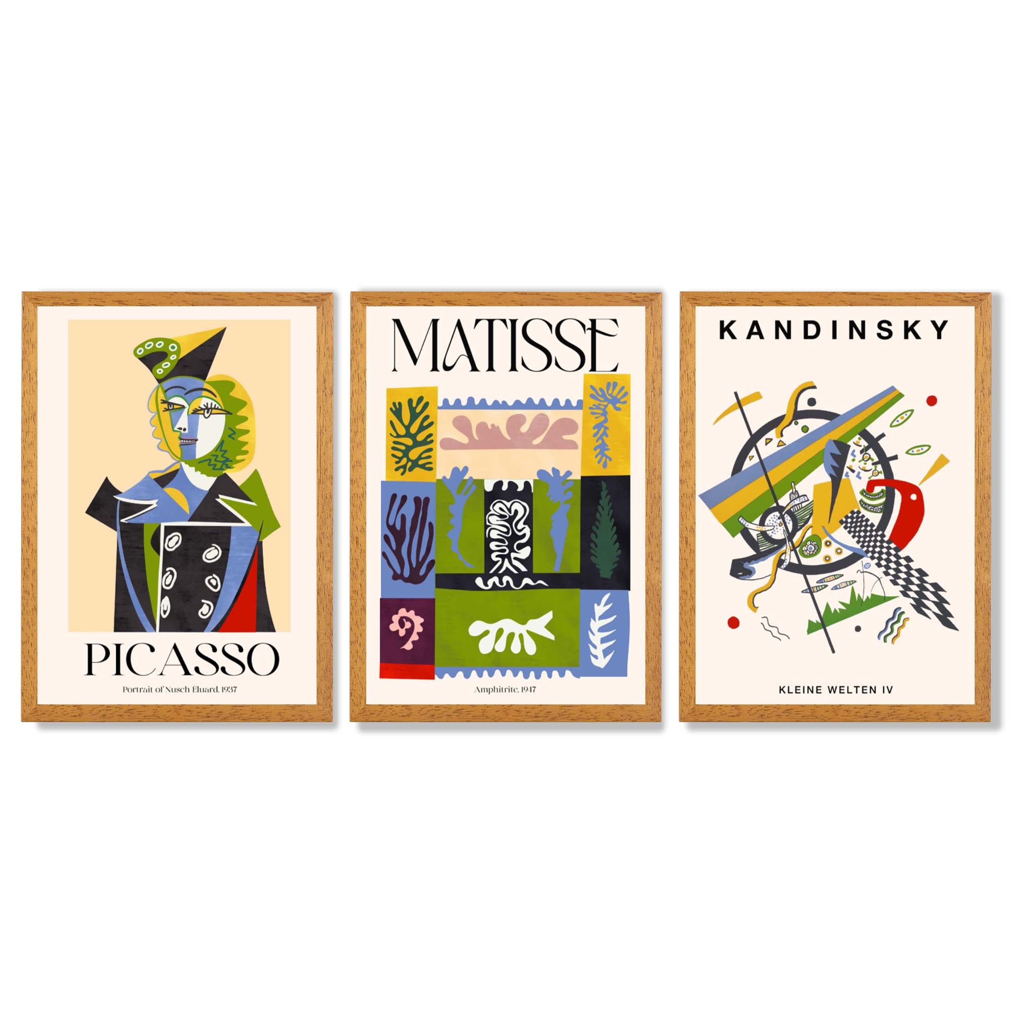 Picasso Matisse Kandinsky Modern Masters Set of 3 Framed Art Prints with Oak Wooden Frames