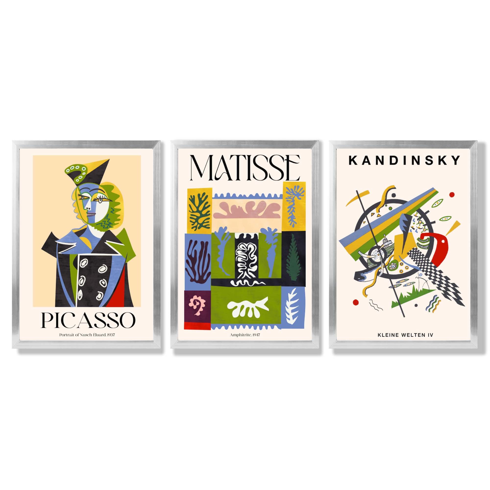 Picasso Matisse Kandinsky Modern Masters Set of 3 Framed Art Prints with Silver Wood Frames