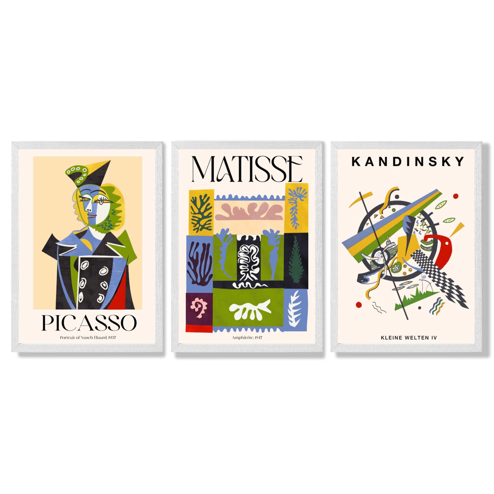 Picasso Matisse Kandinsky Modern Masters Set of 3 Framed Art Prints with White Wooden Frames