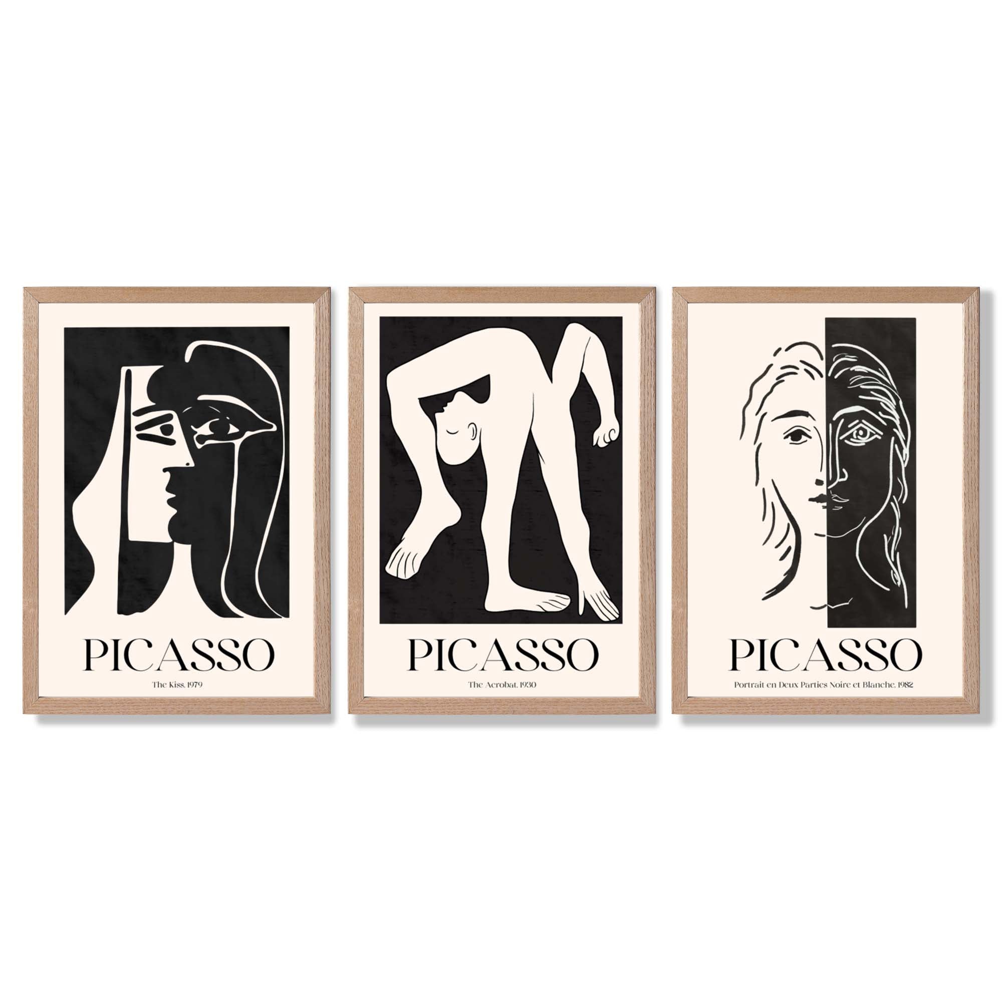 Picasso Beige and Black Abstract People Framed Art Prints with Light Oak Frames