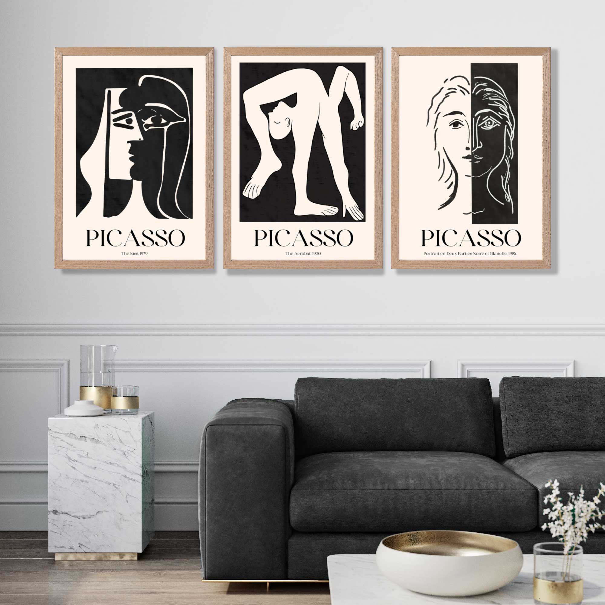 Picasso Beige and Black Abstract People Art Prints in Oak Frames | Artze UK