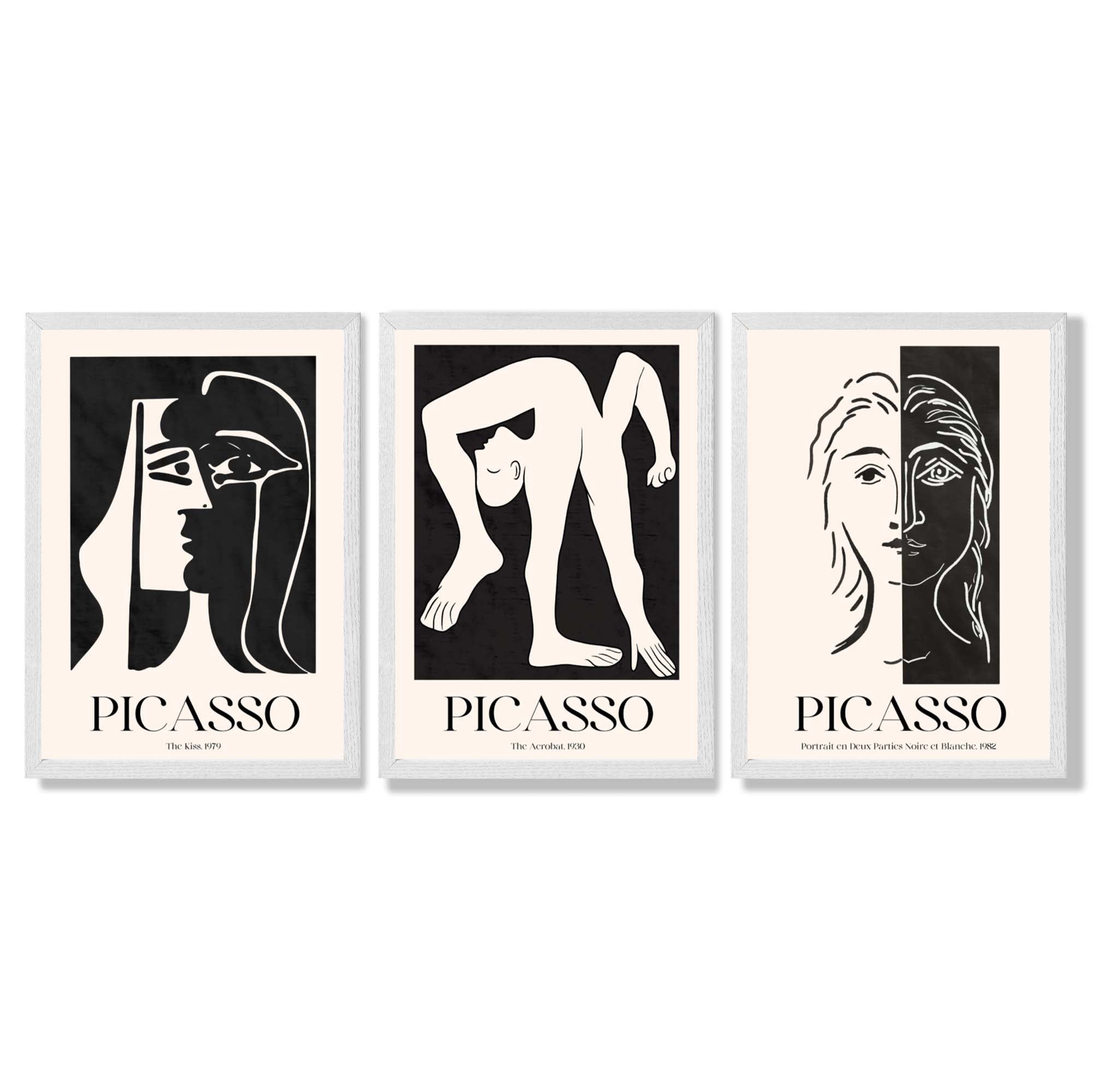 Picasso Beige and Black Abstract People Framed Art Prints with White Wooden Frames