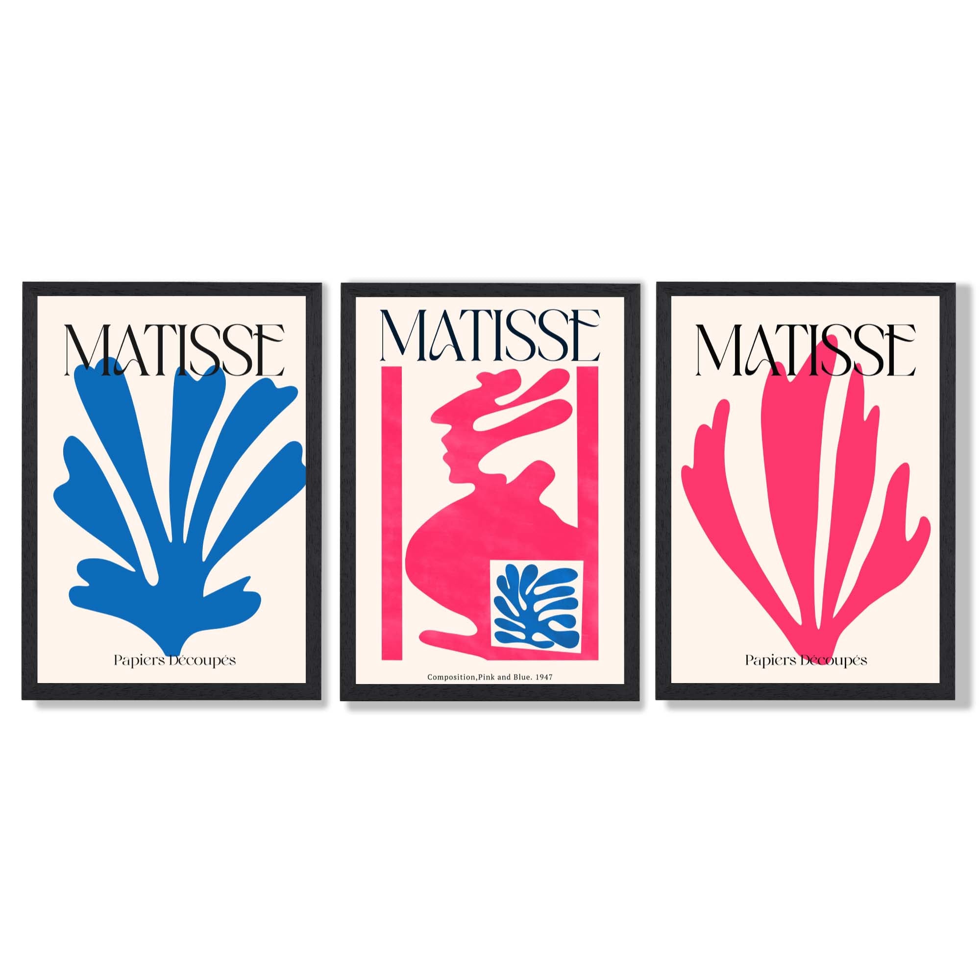 Matisse Floral Cut Outs in Pink and Blue Framed Art Prints with Black Wooden Frames