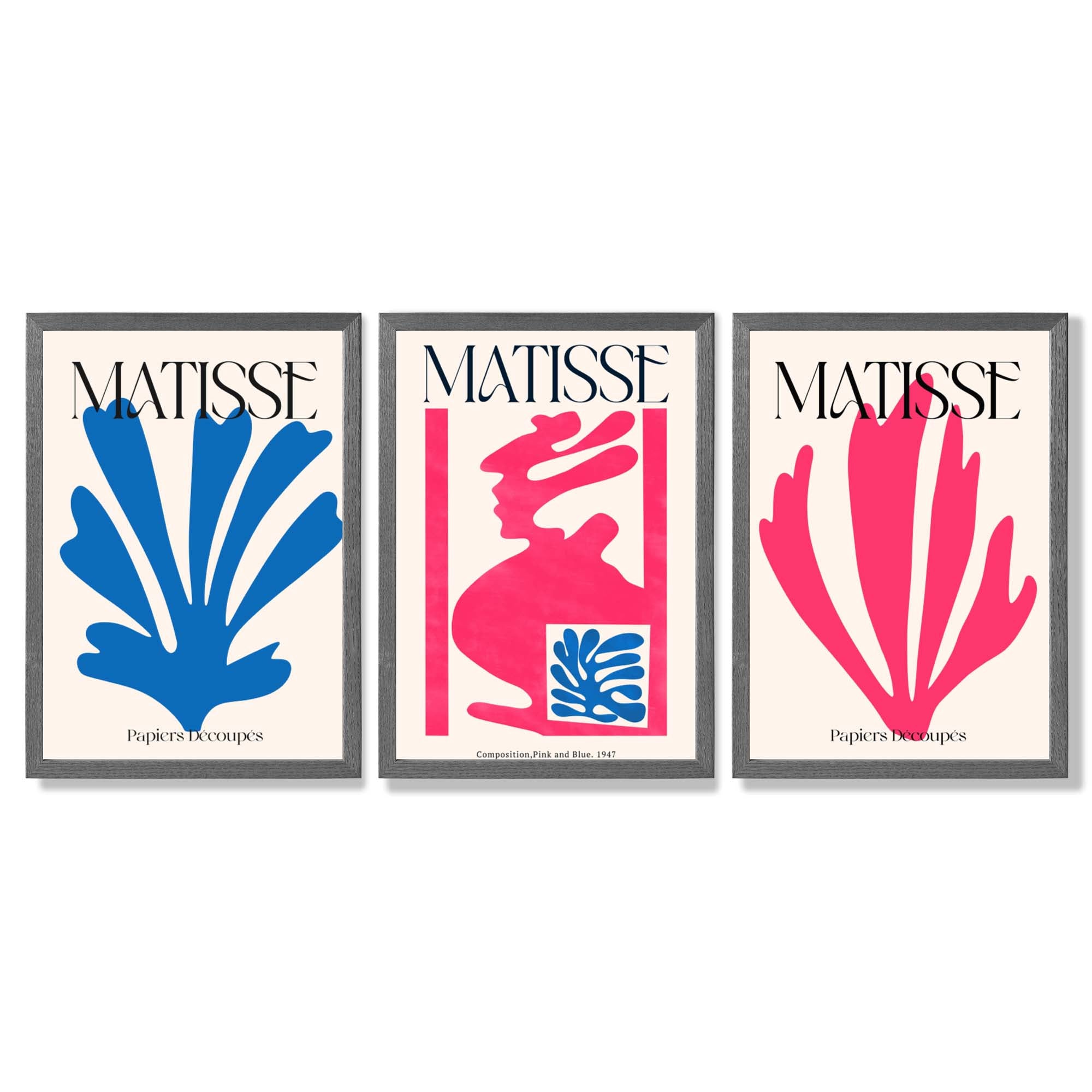 Matisse Floral Cut Outs in Pink and Blue Framed Art Prints with Dark Grey Wooden Frames