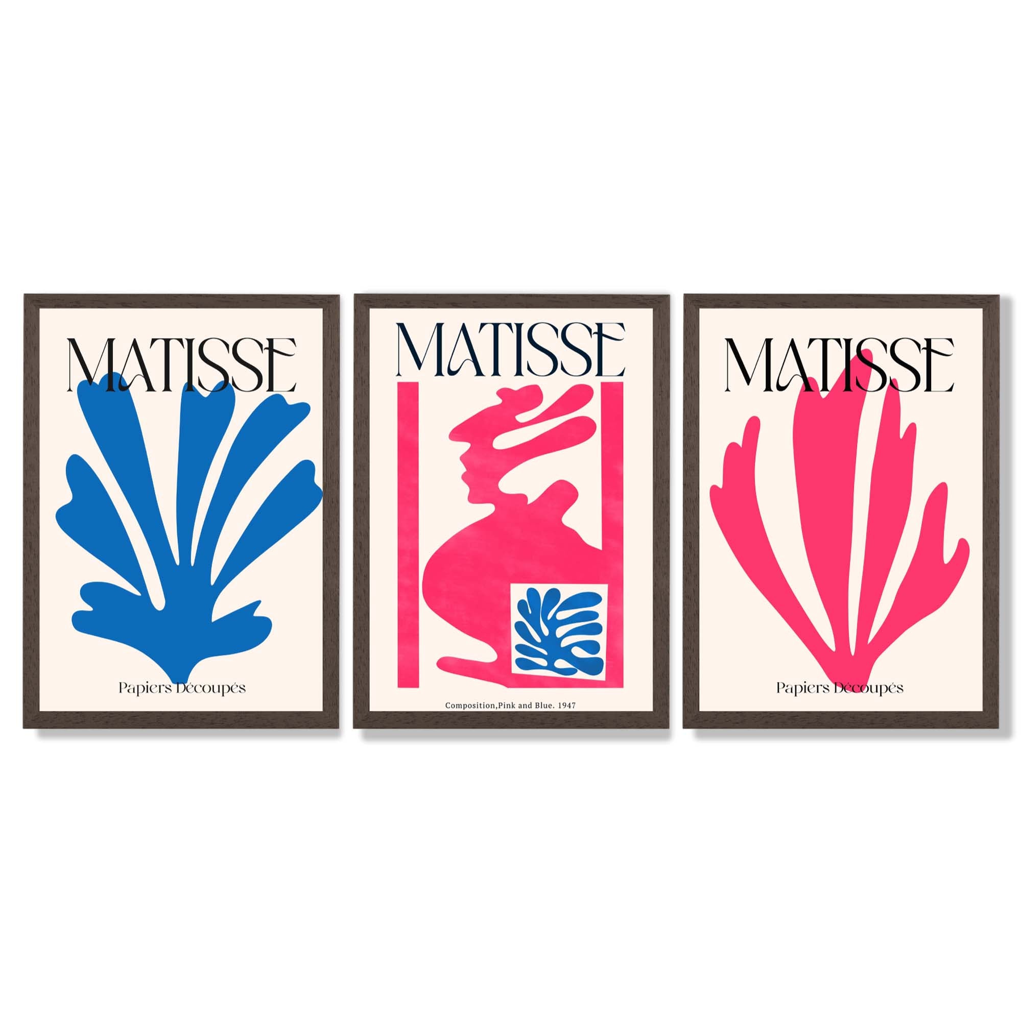 Matisse Floral Cut Outs in Pink and Blue Framed Art Prints with Dark Wood Frames