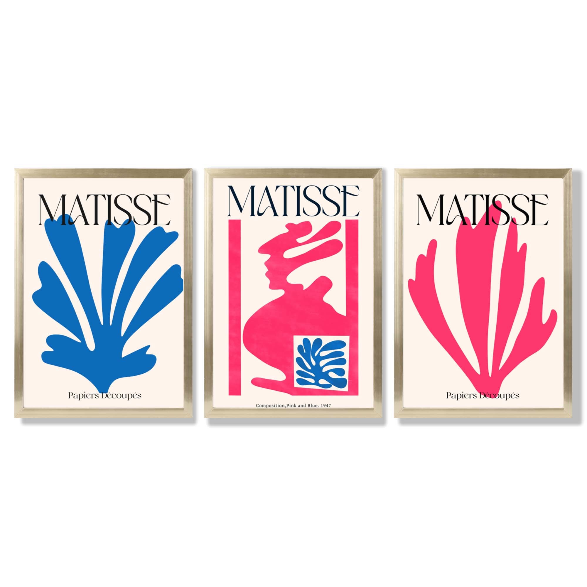 Matisse Floral Cut Outs in Pink and Blue Framed Art Prints with Gold Wood Frames