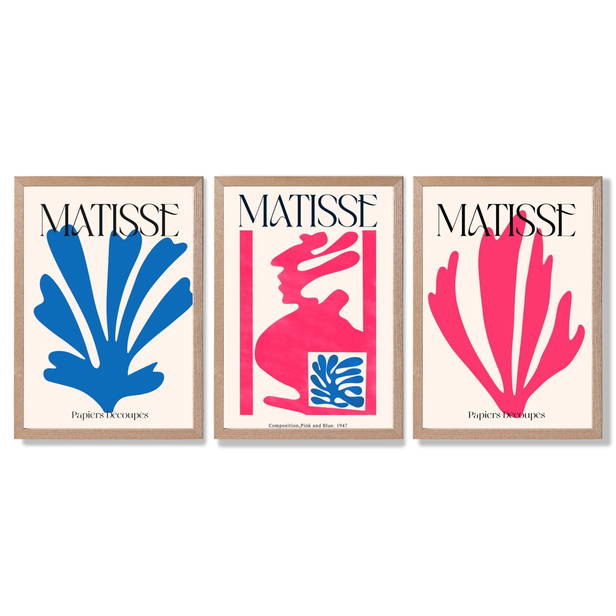 Matisse Floral Cut Outs in Pink and Blue Framed Art Prints with Light Oak Frames