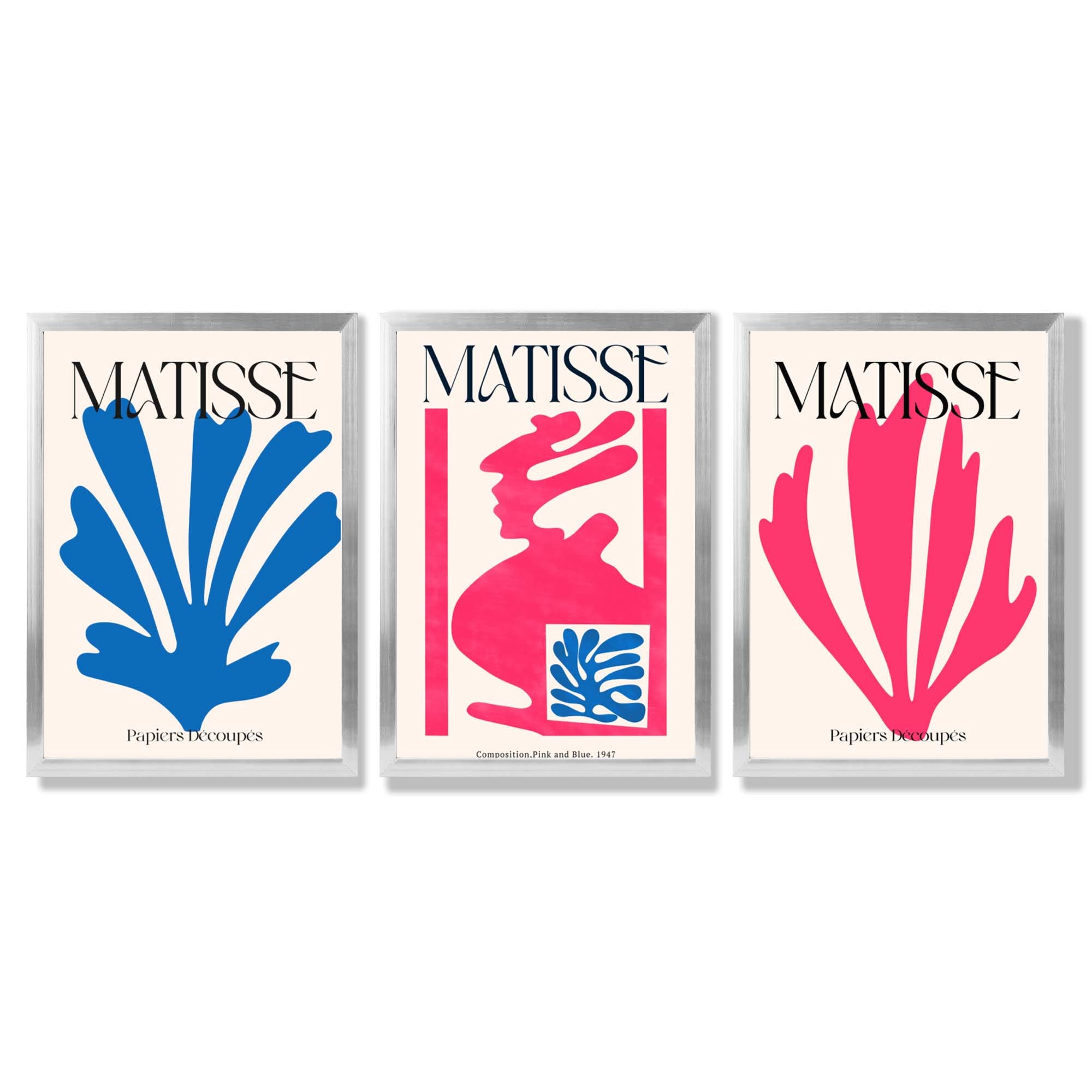 Matisse Floral Cut Outs in Pink and Blue Framed Art Prints with Silver Wood Frames