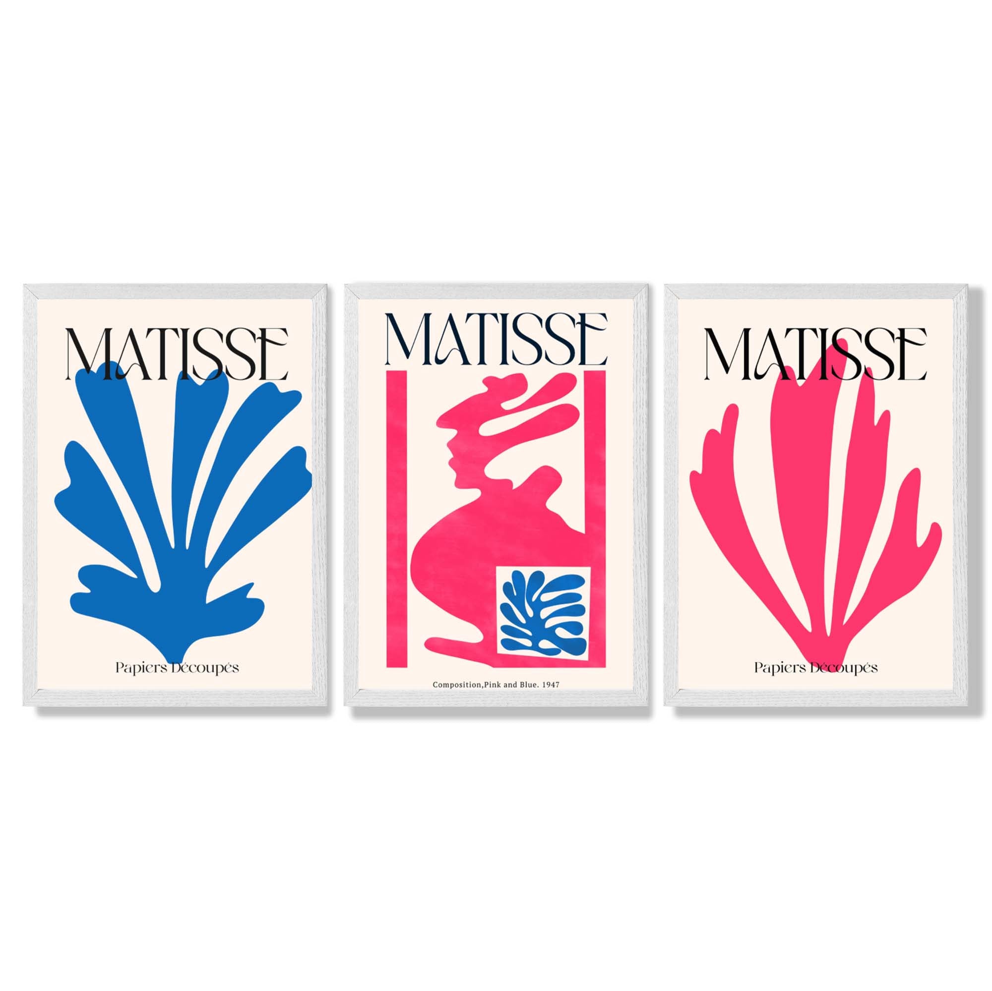 Matisse Floral Cut Outs in Pink and Blue Framed Art Prints with White Wooden Frames