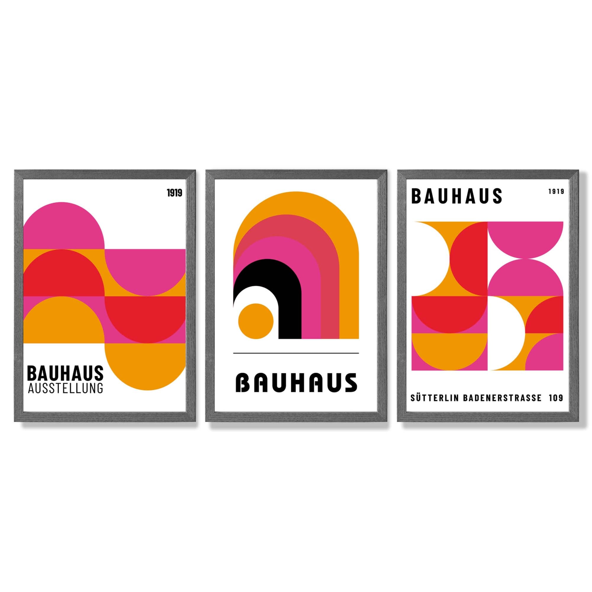 Bauhaus Modern Pink and Yellow Set of 3 Framed Art Prints with Dark Grey Wooden Frames