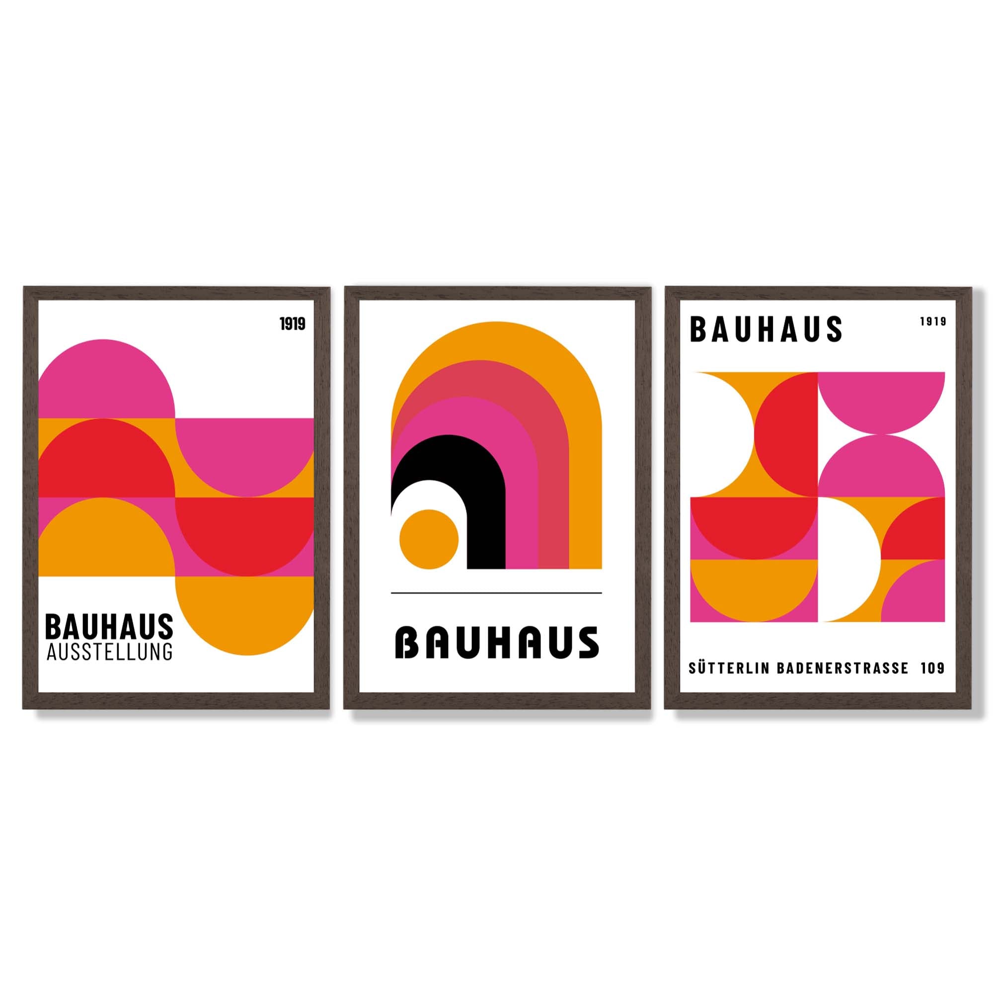Bauhaus Modern Pink and Yellow Set of 3 Framed Art Prints with Dark Wood Frames