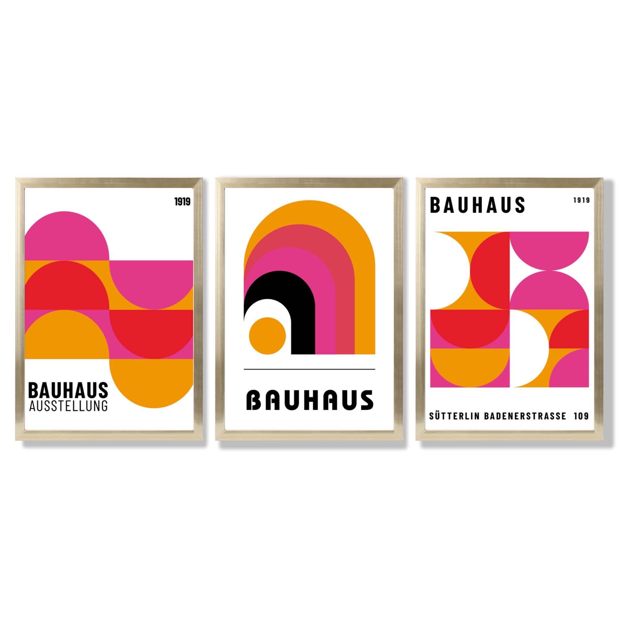 Bauhaus Modern Pink and Yellow Set of 3 Framed Art Prints with Gold Wood Frames