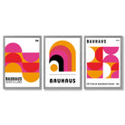 Bauhaus Modern Pink and Yellow Set of 3 Framed Art Prints with Light Grey Wooden Frames