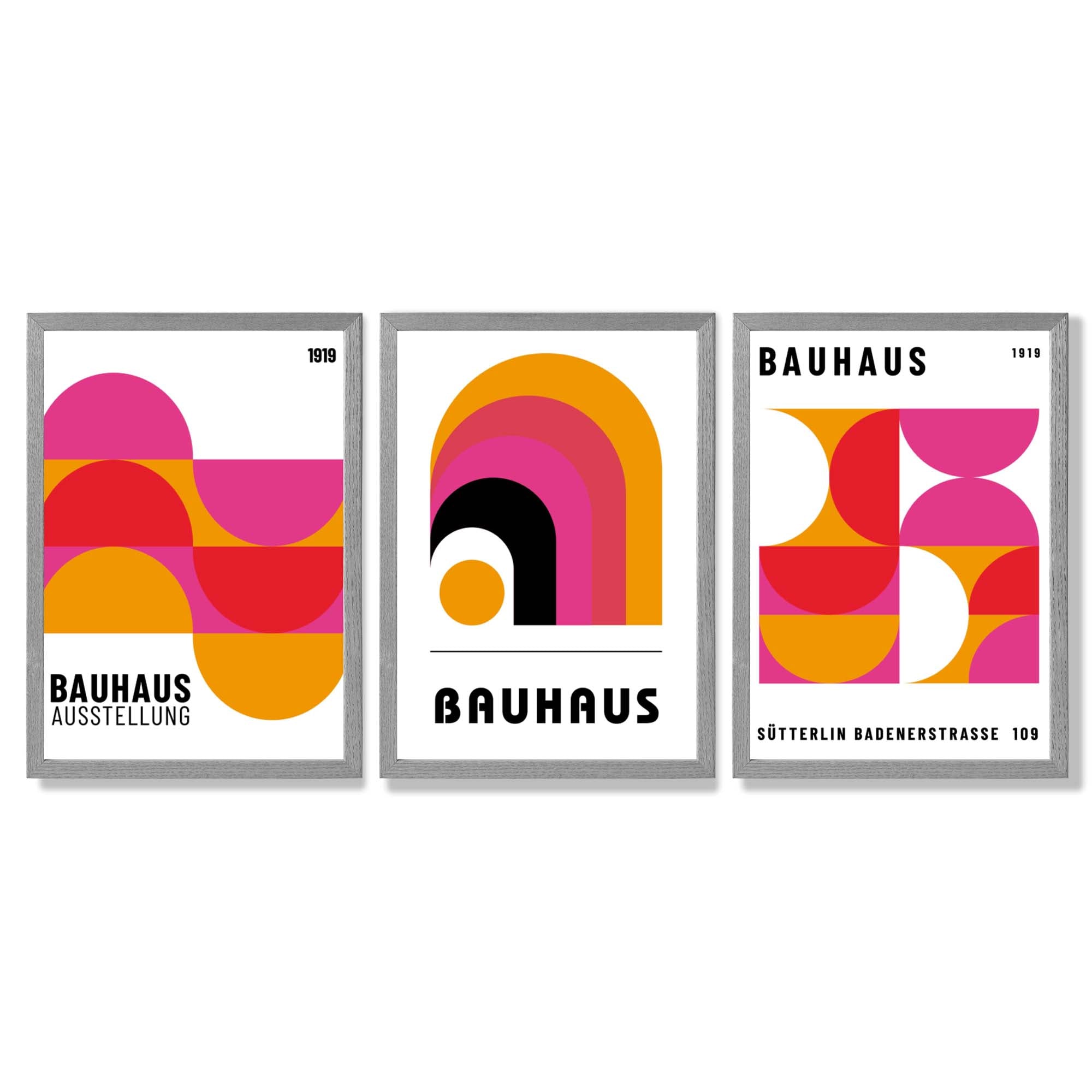 Bauhaus Modern Pink and Yellow Set of 3 Framed Art Prints with Light Grey Wooden Frames