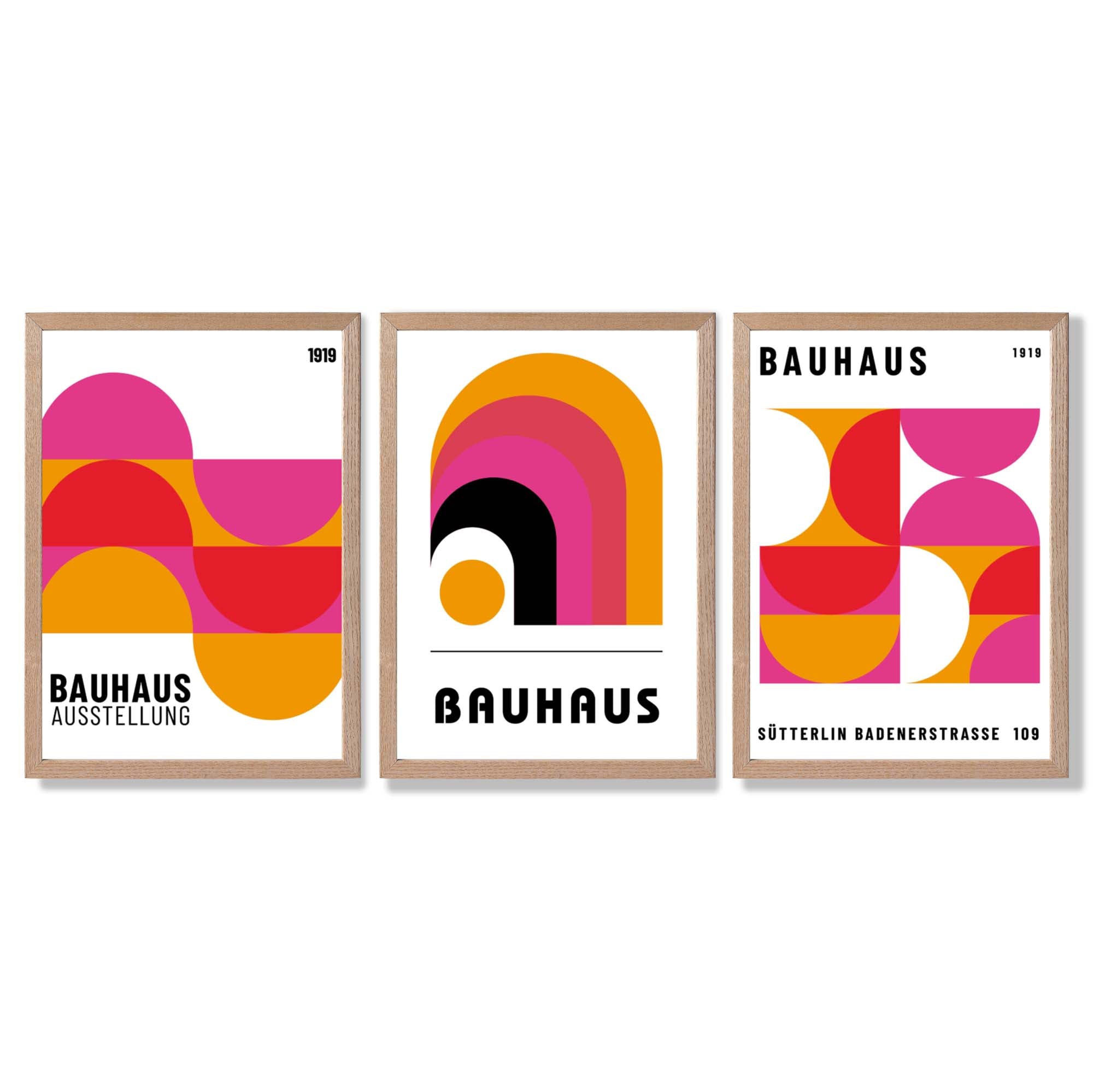 Bauhaus Modern Pink and Yellow Set of 3 Framed Art Prints with Light Oak Frames