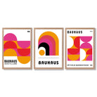 Bauhaus Modern Pink and Yellow Set of 3 Framed Art Prints with Light Oak Frames