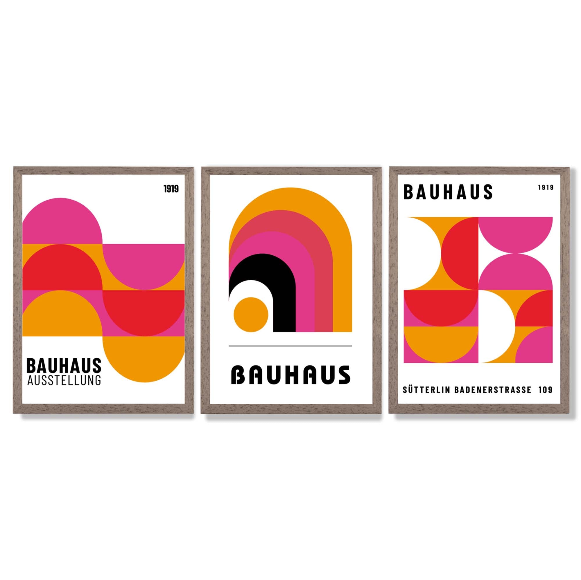 Bauhaus Modern Pink and Yellow Set of 3 Framed Art Prints with Light Walnut Frames