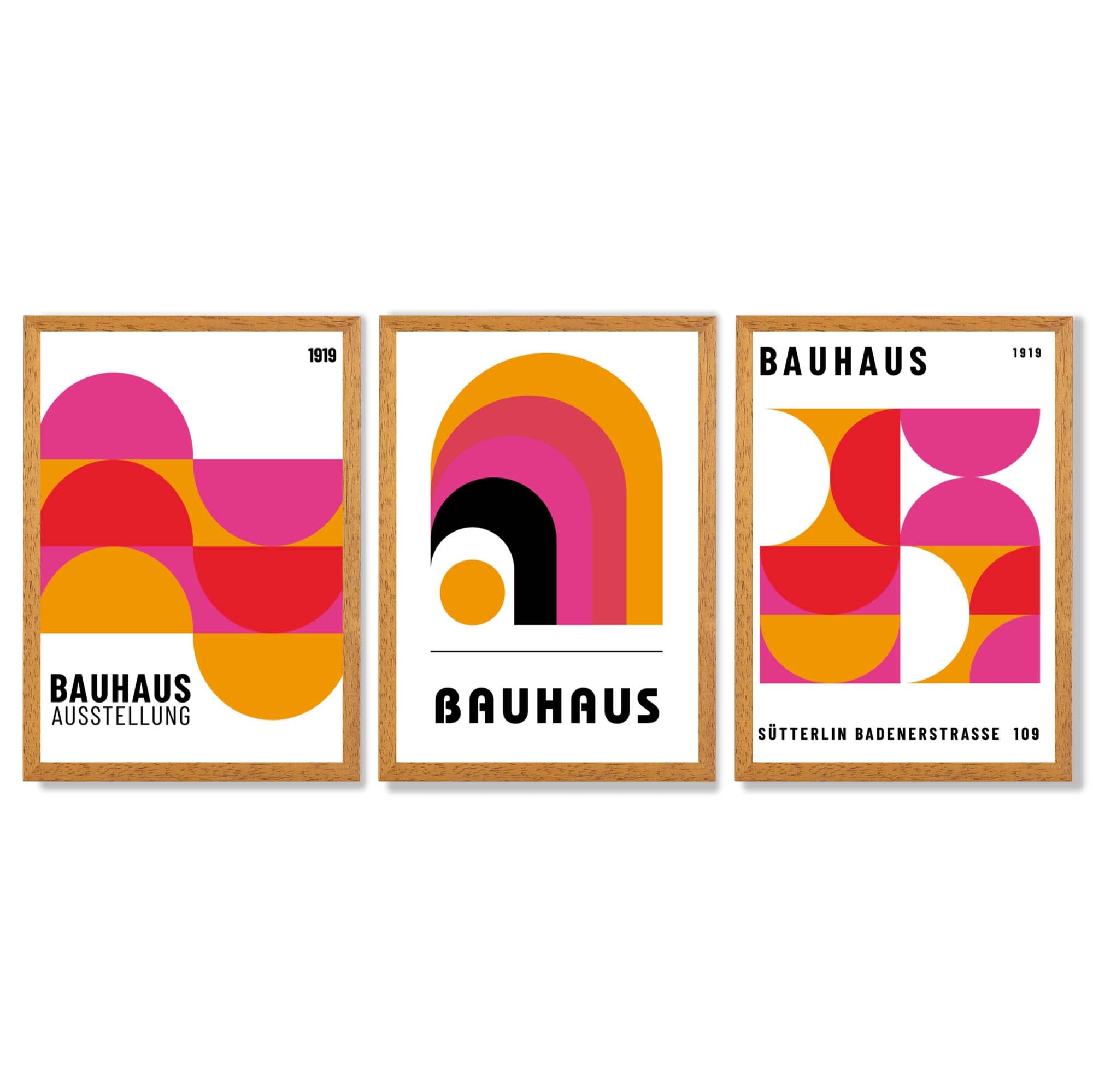 Bauhaus Modern Pink and Yellow Set of 3 Framed Art Prints with Oak Wooden Frames