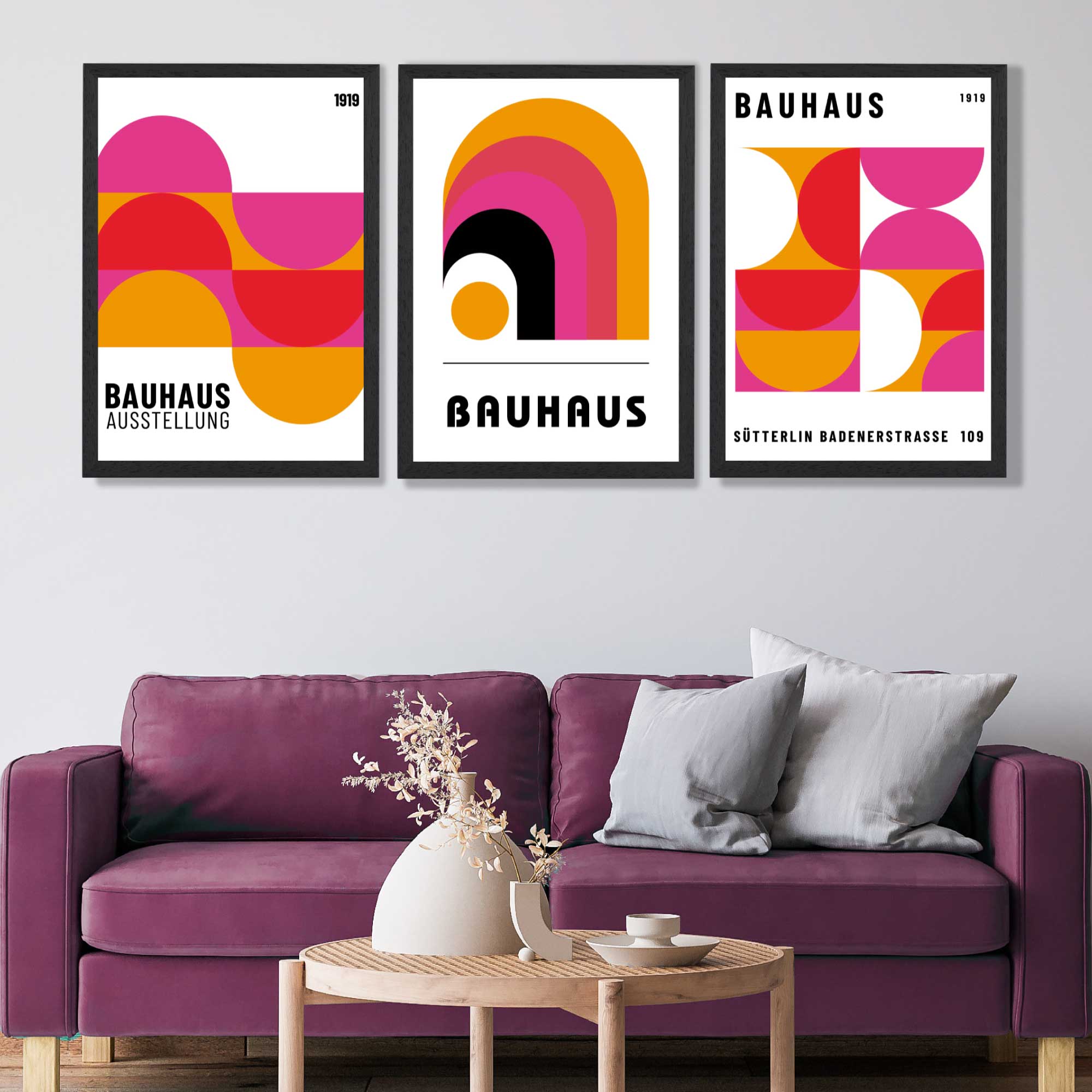 Bauhaus Modern Pink and Yellow Set of 3 Art Prints in Black Frames | Artze UK