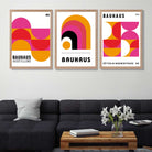 Bauhaus Modern Pink and Yellow Set of 3 Art Prints in Oak Frames | Artze UK
