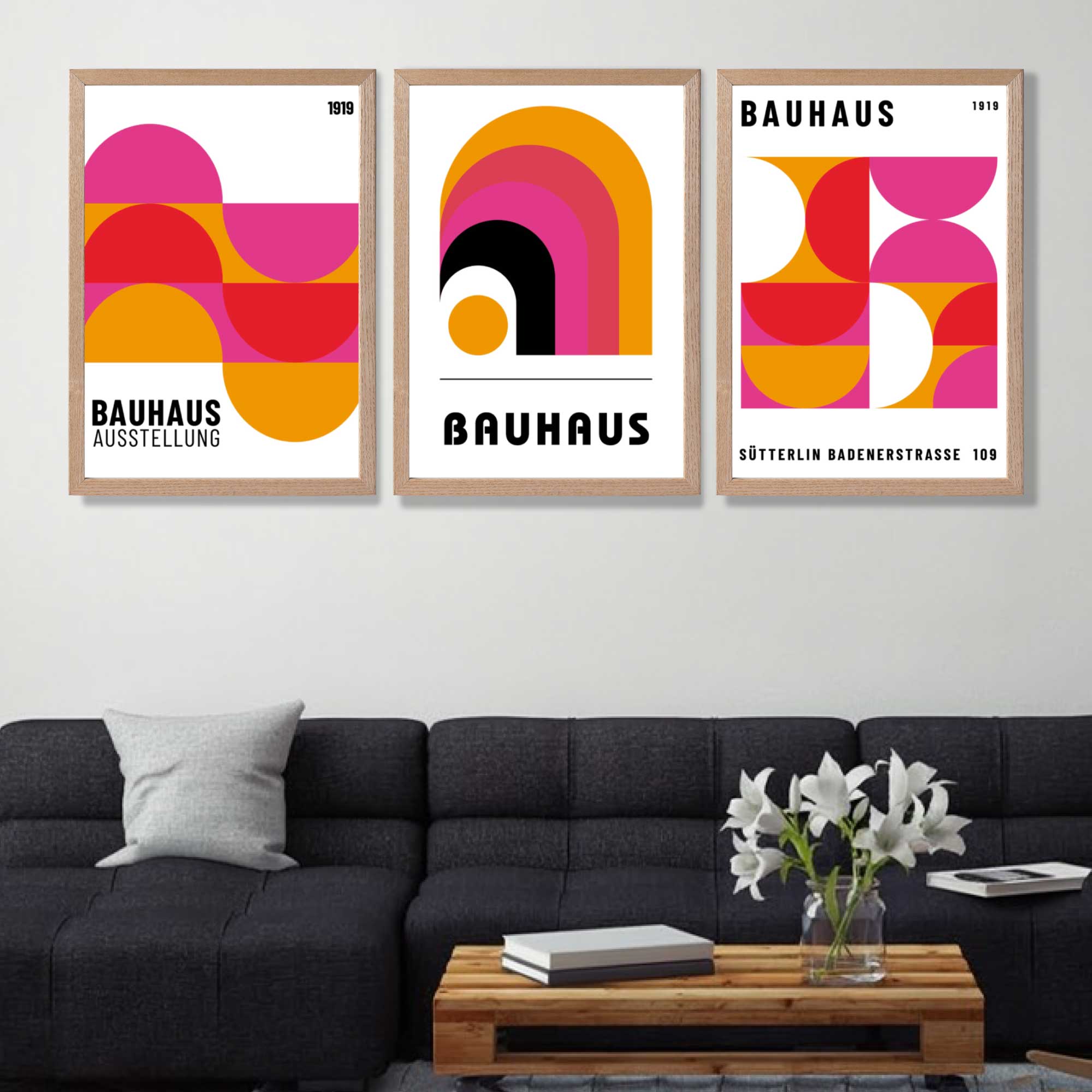 Bauhaus Modern Pink and Yellow Set of 3 Art Prints in Oak Frames | Artze UK