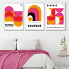 Bauhaus Modern Pink and Yellow Set of 3 Art Prints in White Frames | Artze UK