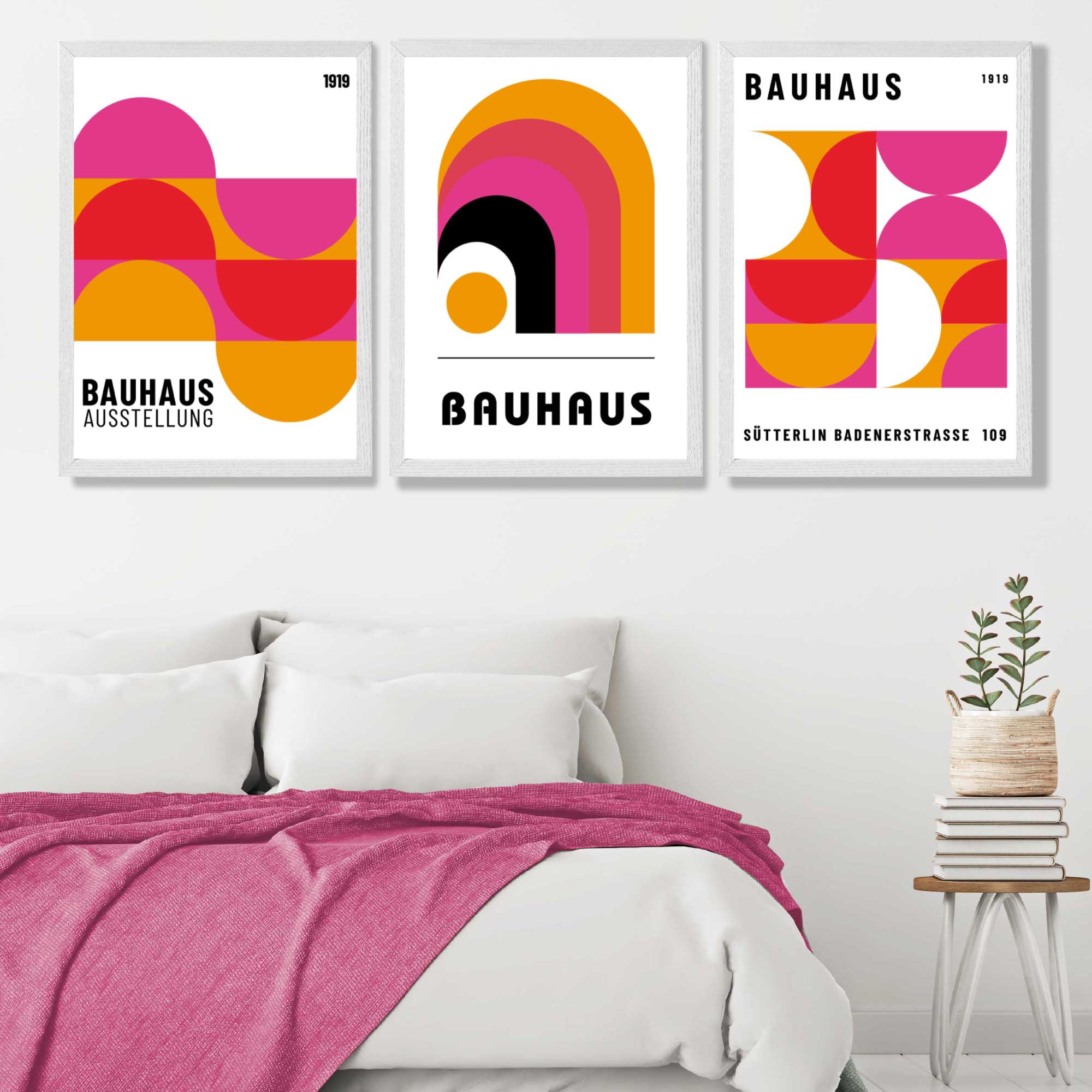 Bauhaus Modern Pink and Yellow Set of 3 Art Prints in White Frames | Artze UK